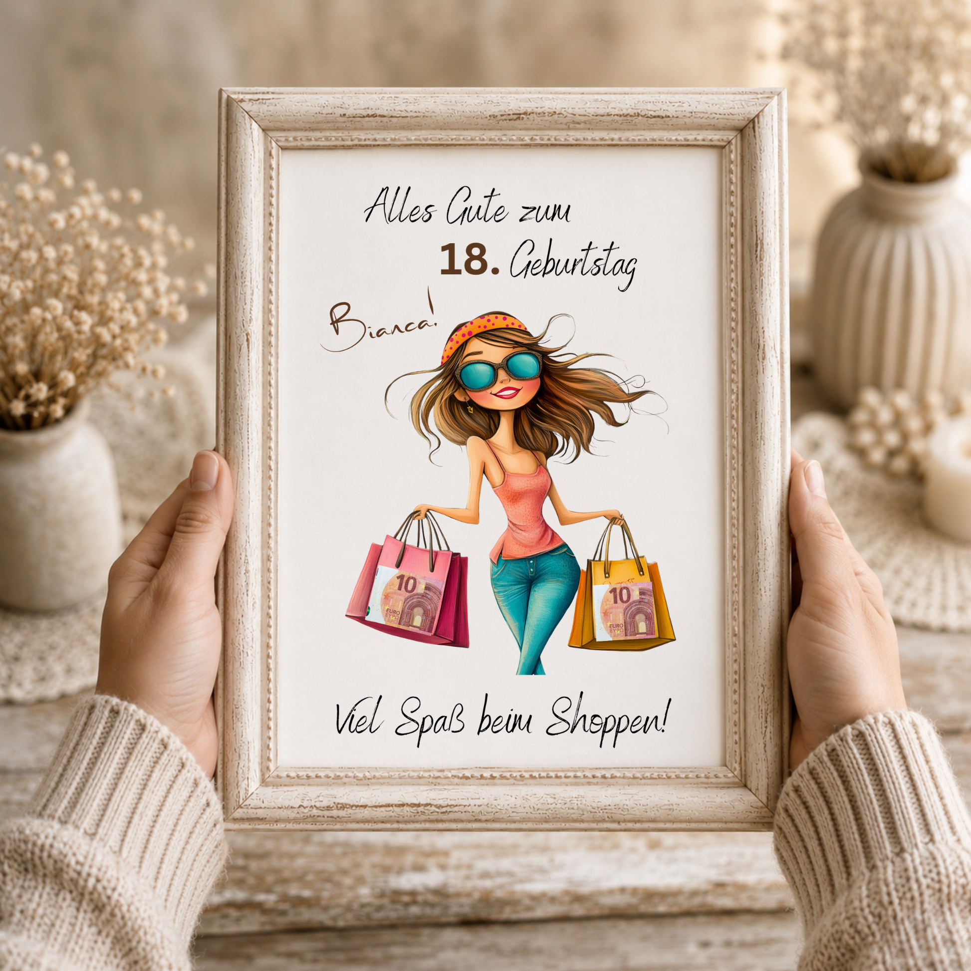 Personalisiertes Geldgeschenk zum 18 Geburtstag mit Shopping Motiv, Mädchen mit Einkaufstaschen, Printable PDF zum Ausdrucken und Ausschneiden für Geldscheine