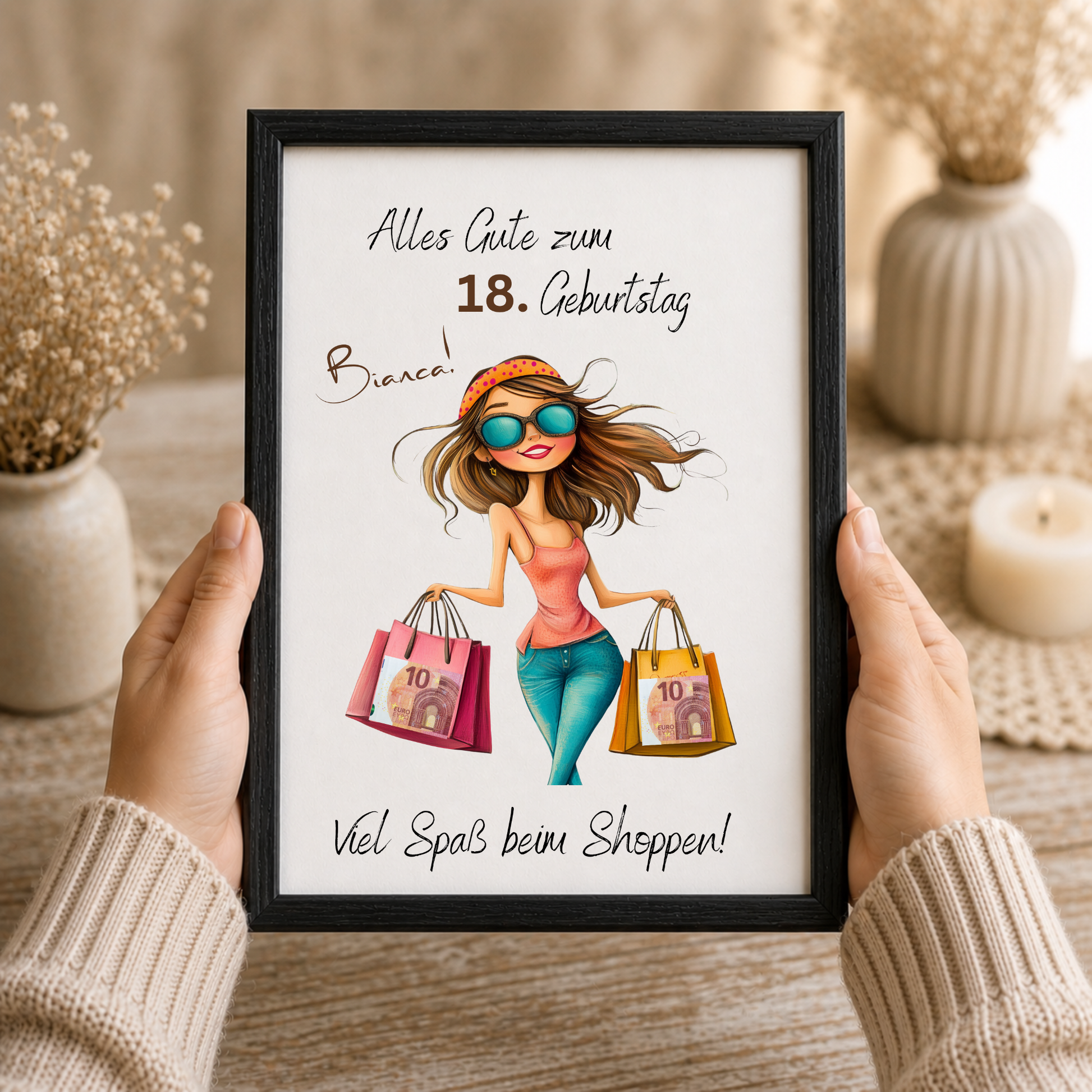 Personalisiertes Geldgeschenk zum 18 Geburtstag mit Shopping Motiv, Mädchen mit Einkaufstaschen, Printable PDF zum Ausdrucken und Ausschneiden für Geldscheine
