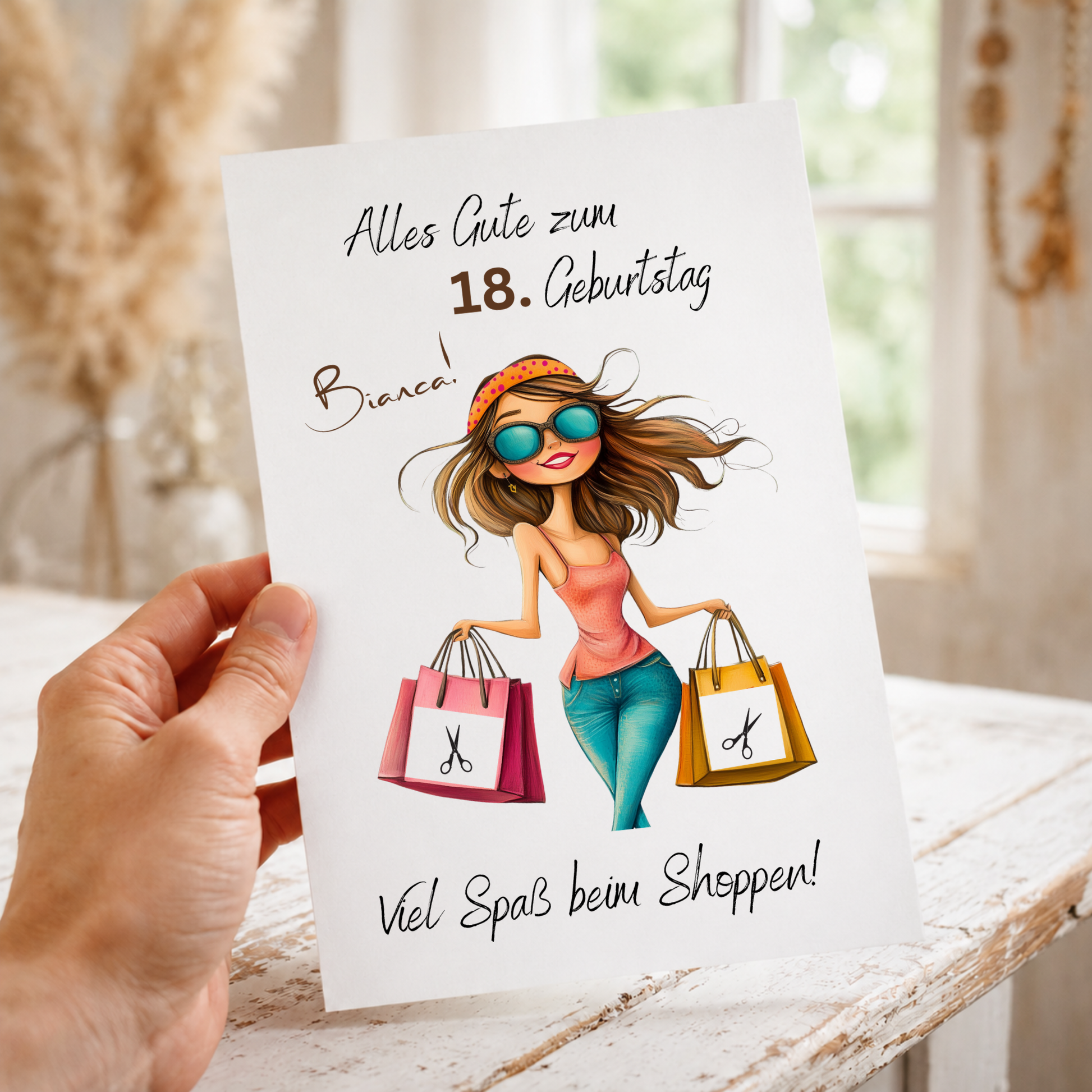 Personalisiertes Geldgeschenk zum 18 Geburtstag mit Shopping Motiv, Mädchen mit Einkaufstaschen, Printable PDF zum Ausdrucken und Ausschneiden für Geldscheine