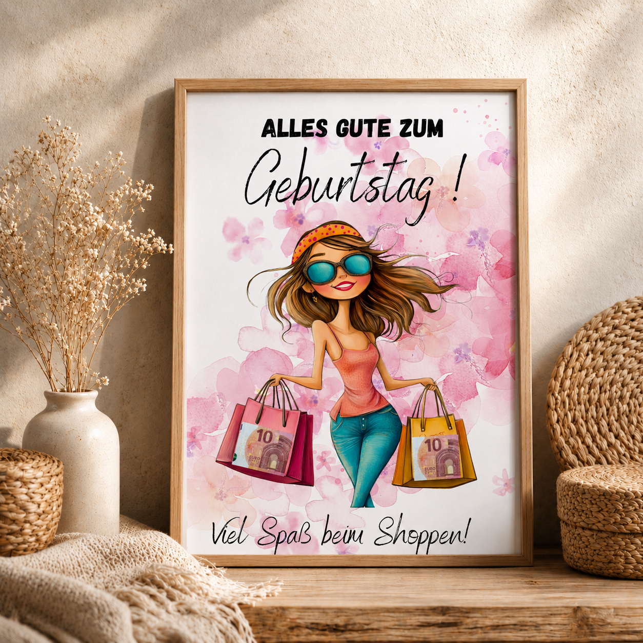 Geldgeschenk Geburtstag Printable mit Frau im Shopping-Look, Einkaufstaschen und Schriftzug „Alles Gute zum Geburtstag – Viel Spaß beim Shoppen“, Digital Download DIN A4