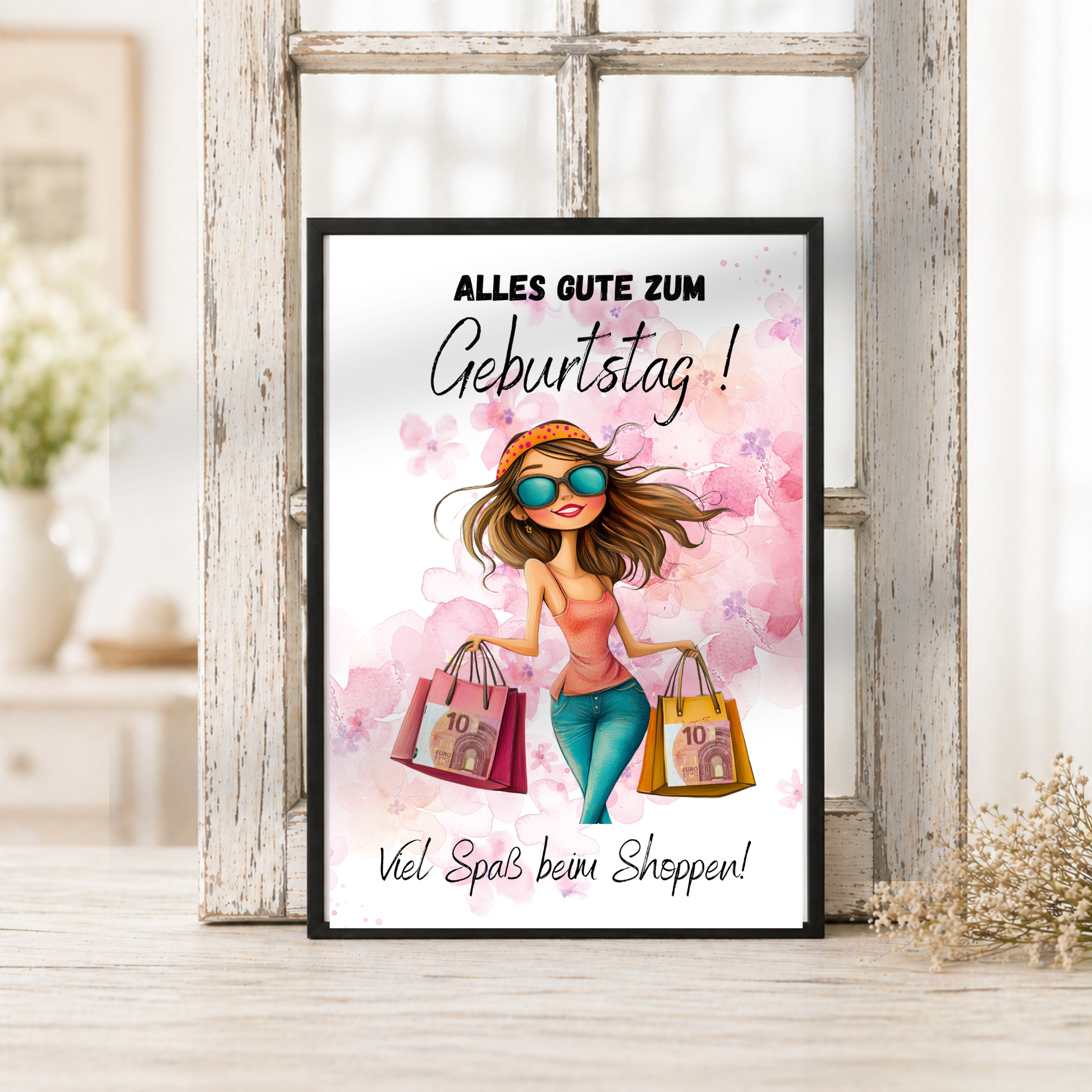 Geldgeschenk Geburtstag Printable mit Frau im Shopping-Look, Einkaufstaschen und Schriftzug „Alles Gute zum Geburtstag – Viel Spaß beim Shoppen“, Digital Download DIN A4