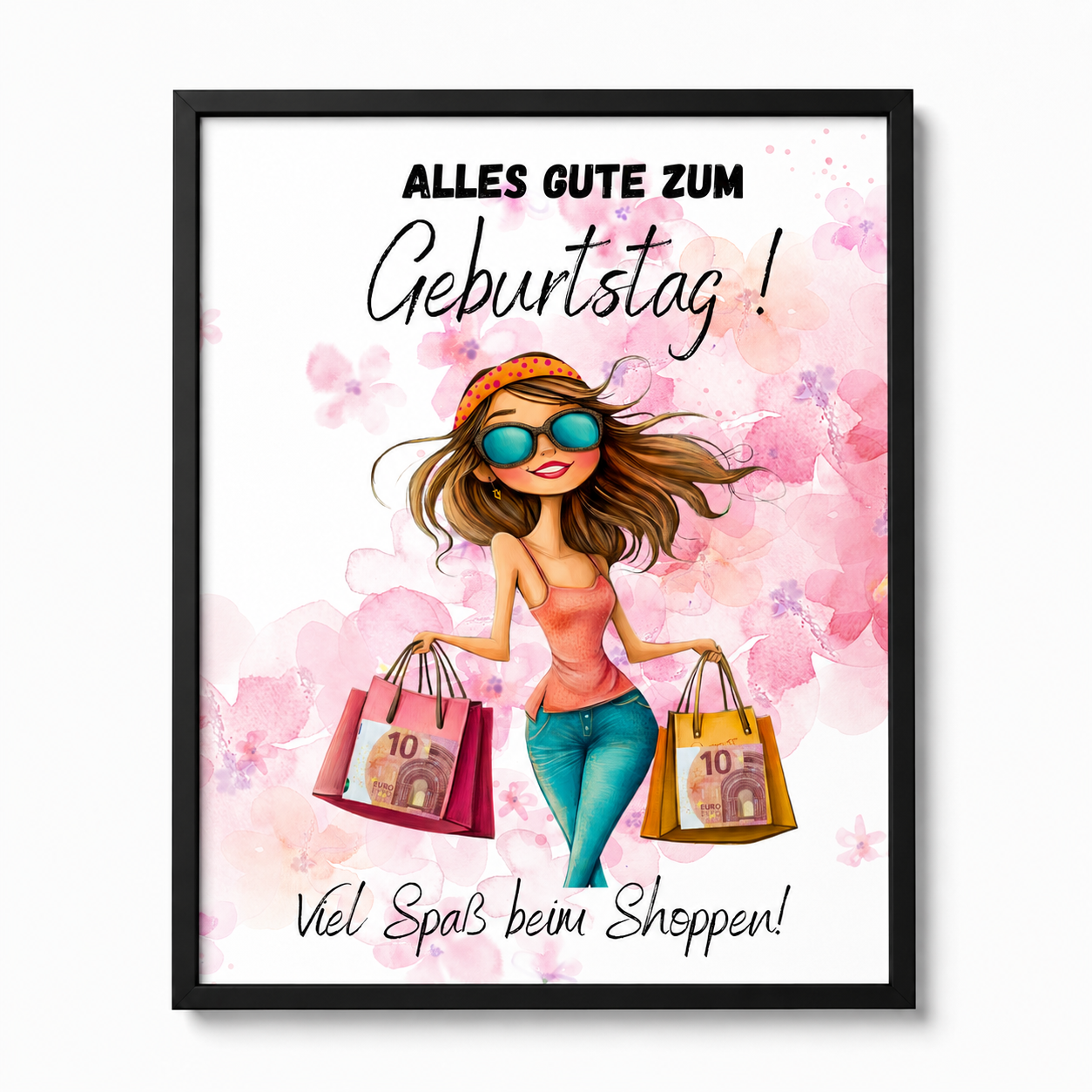 Geldgeschenk Geburtstag Printable mit Frau im Shopping-Look, Einkaufstaschen und Schriftzug „Alles Gute zum Geburtstag – Viel Spaß beim Shoppen“, Digital Download DIN A4