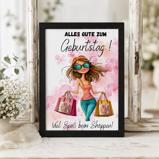 Geldgeschenk Geburtstag Printable mit Frau im Shopping-Look, Einkaufstaschen und Schriftzug „Alles Gute zum Geburtstag – Viel Spaß beim Shoppen“, Digital Download DIN A4