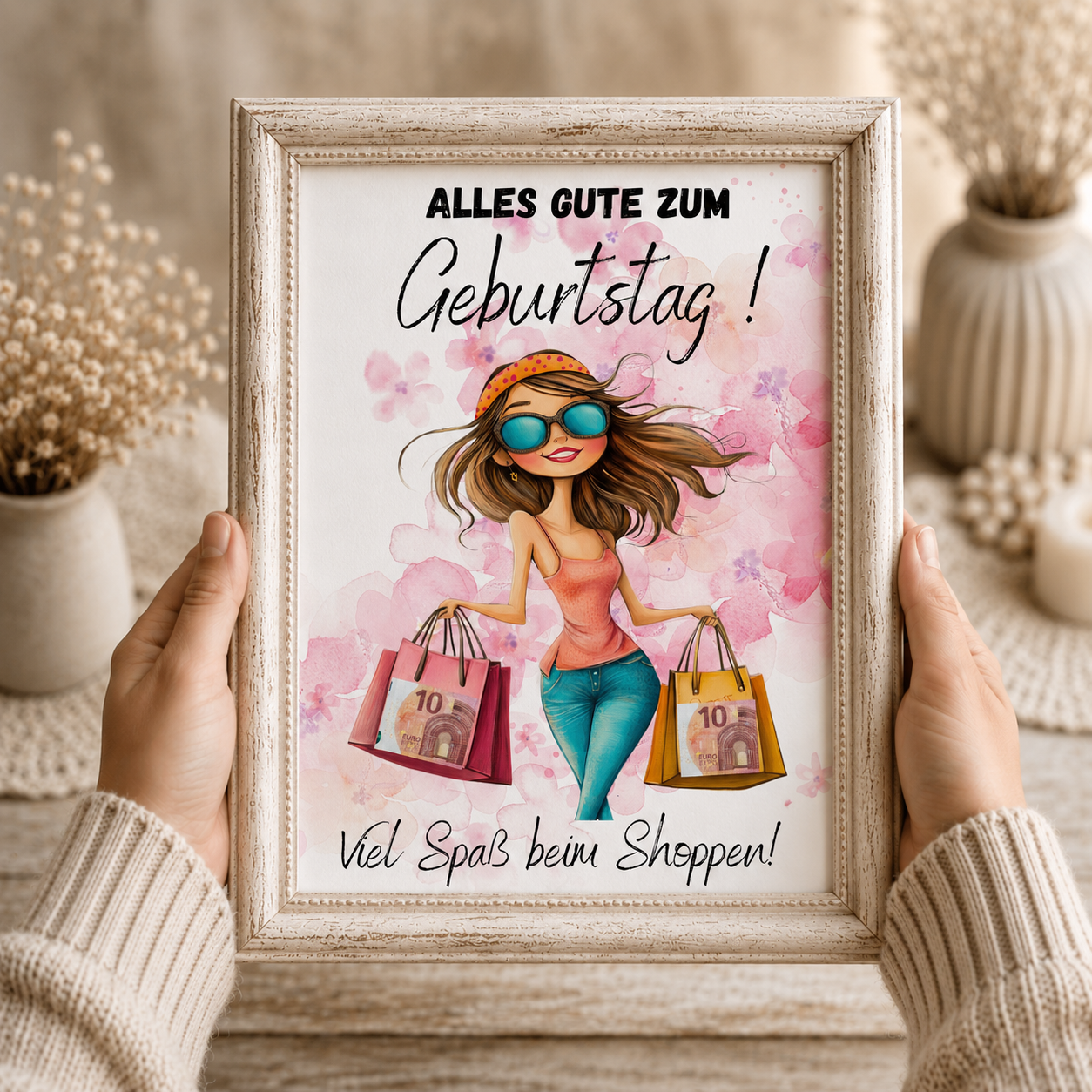 Geldgeschenk Geburtstag Printable mit Frau im Shopping-Look, Einkaufstaschen und Schriftzug „Alles Gute zum Geburtstag – Viel Spaß beim Shoppen“, Digital Download DIN A4