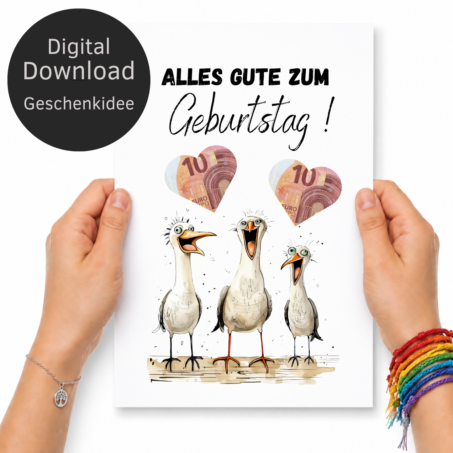 Lustiges Geldgeschenk zum Geburtstag mit drei witzigen Möwen und ausschneidbaren Herzfeldern für Geldscheine als Digital Download im DIN A4 Format zum Ausdrucken