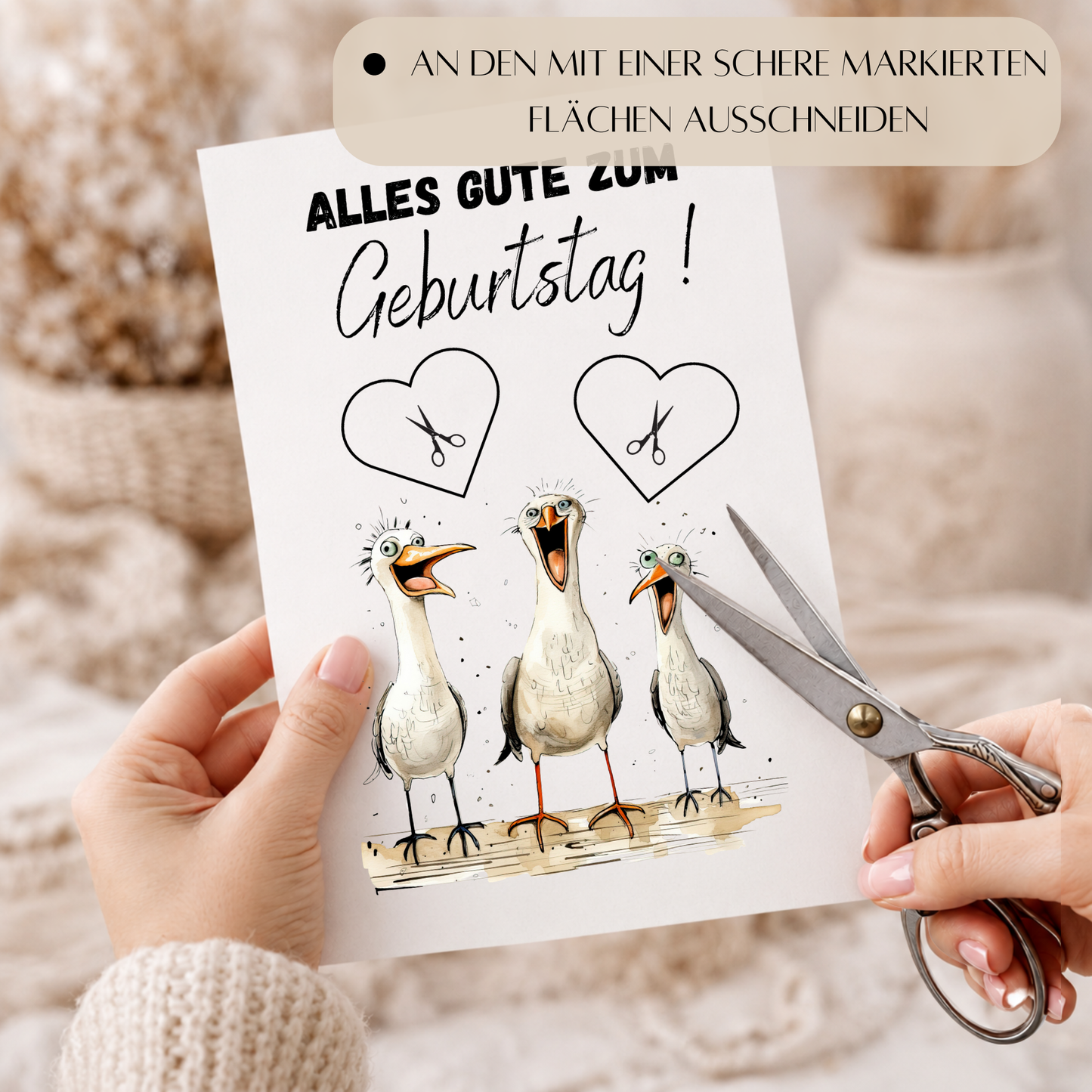 Lustiges Geldgeschenk zum Geburtstag mit drei witzigen Möwen und ausschneidbaren Herzfeldern für Geldscheine als Digital Download im DIN A4 Format zum Ausdrucken