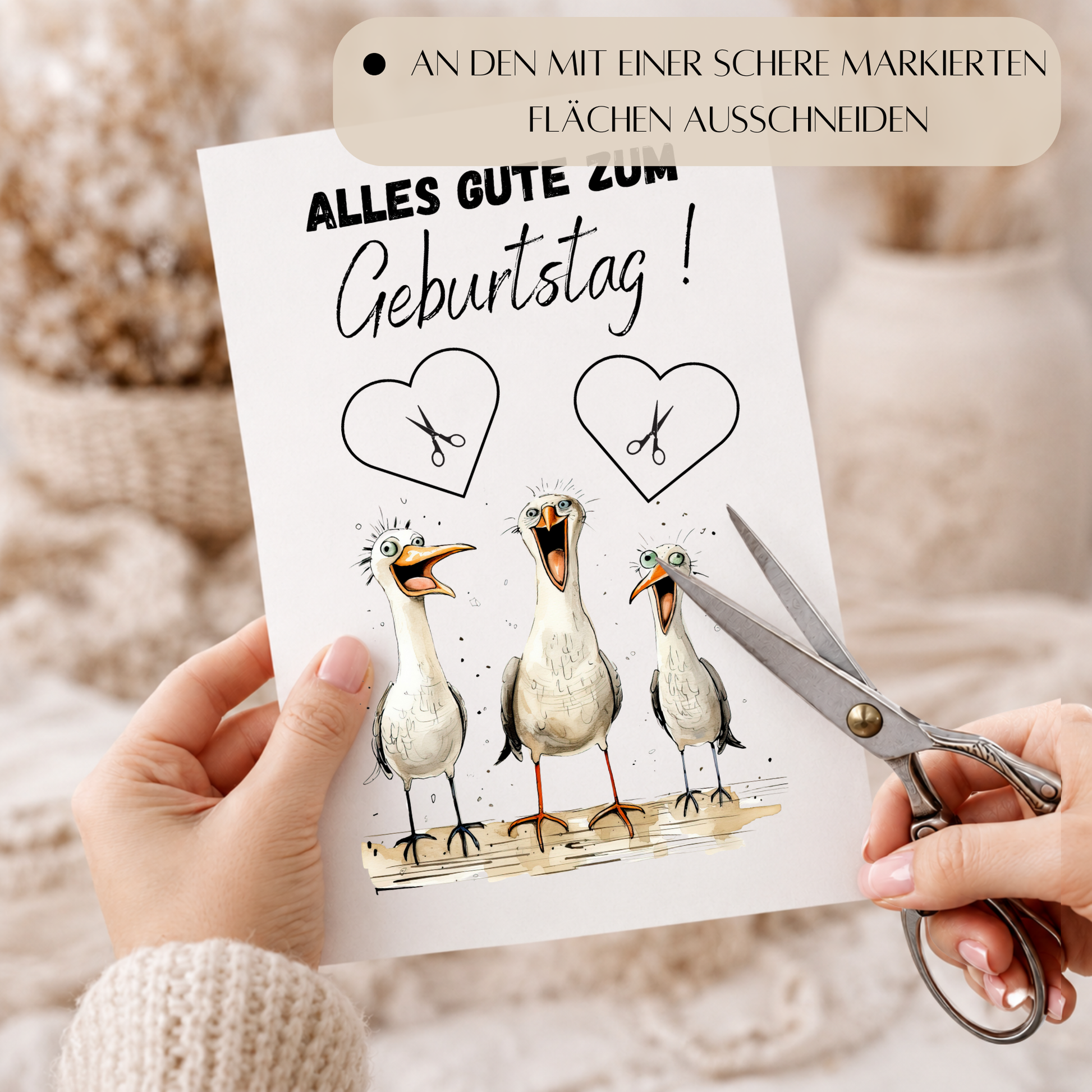 Lustiges Geldgeschenk zum Geburtstag mit drei witzigen Möwen und ausschneidbaren Herzfeldern für Geldscheine als Digital Download im DIN A4 Format zum Ausdrucken