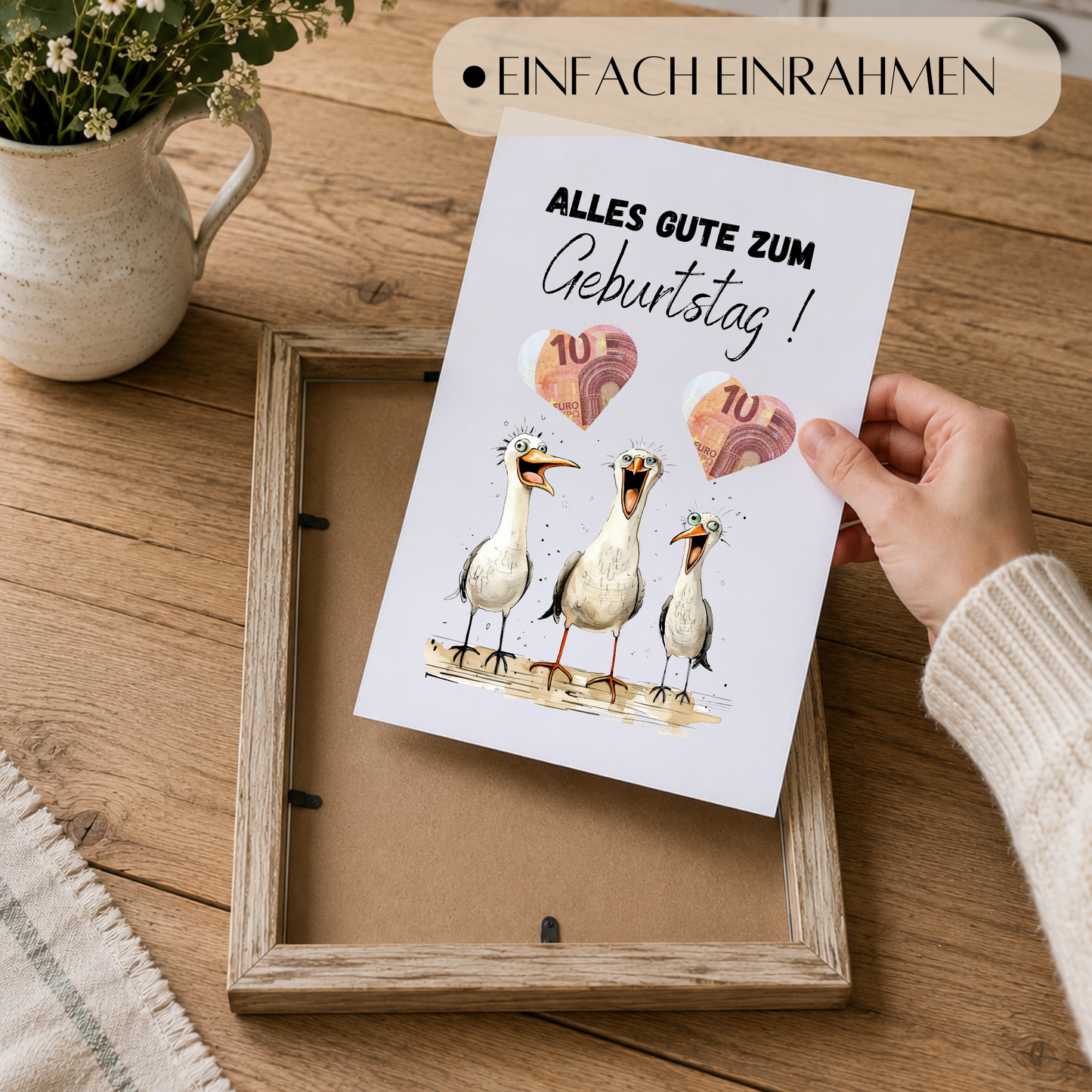 Lustiges Geldgeschenk zum Geburtstag mit drei witzigen Möwen und ausschneidbaren Herzfeldern für Geldscheine als Digital Download im DIN A4 Format zum Ausdrucken
