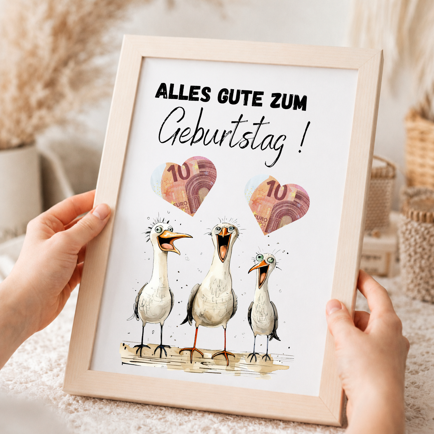 Lustiges Geldgeschenk zum Geburtstag mit drei witzigen Möwen und ausschneidbaren Herzfeldern für Geldscheine als Digital Download im DIN A4 Format zum Ausdrucken