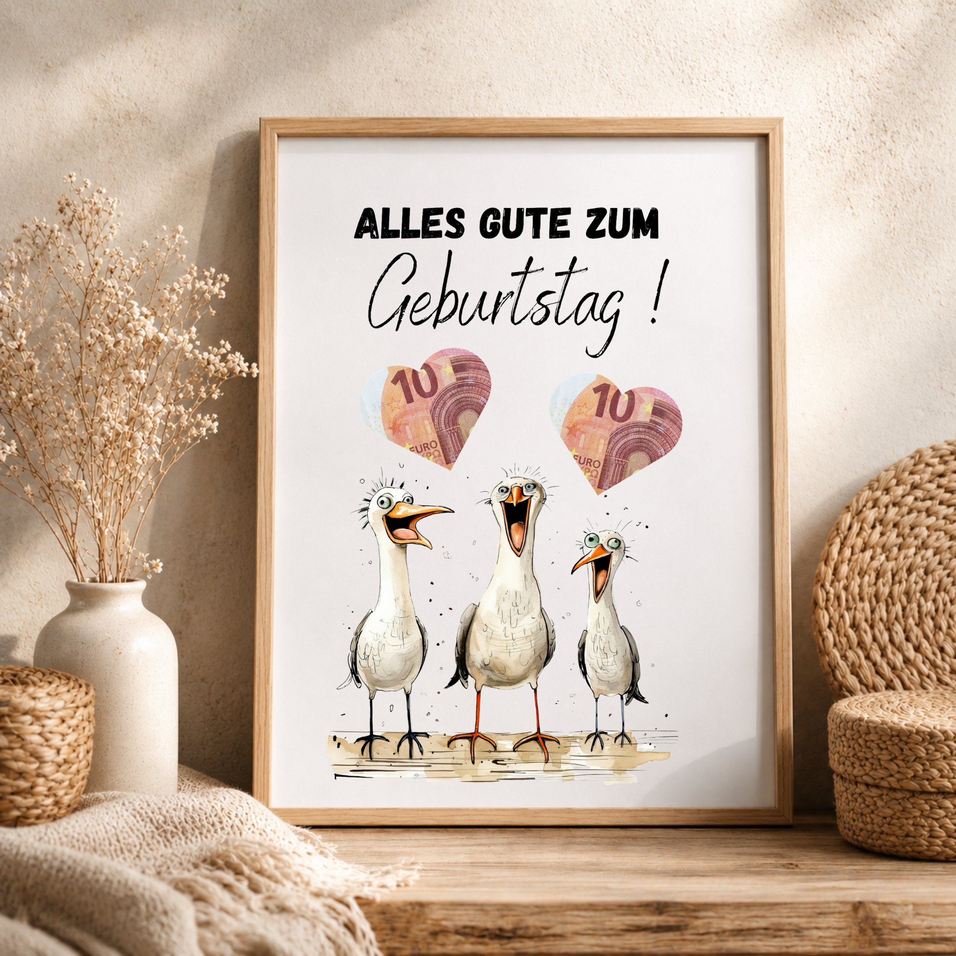 Lustiges Geldgeschenk zum Geburtstag mit drei witzigen Möwen und ausschneidbaren Herzfeldern für Geldscheine als Digital Download im DIN A4 Format zum Ausdrucken