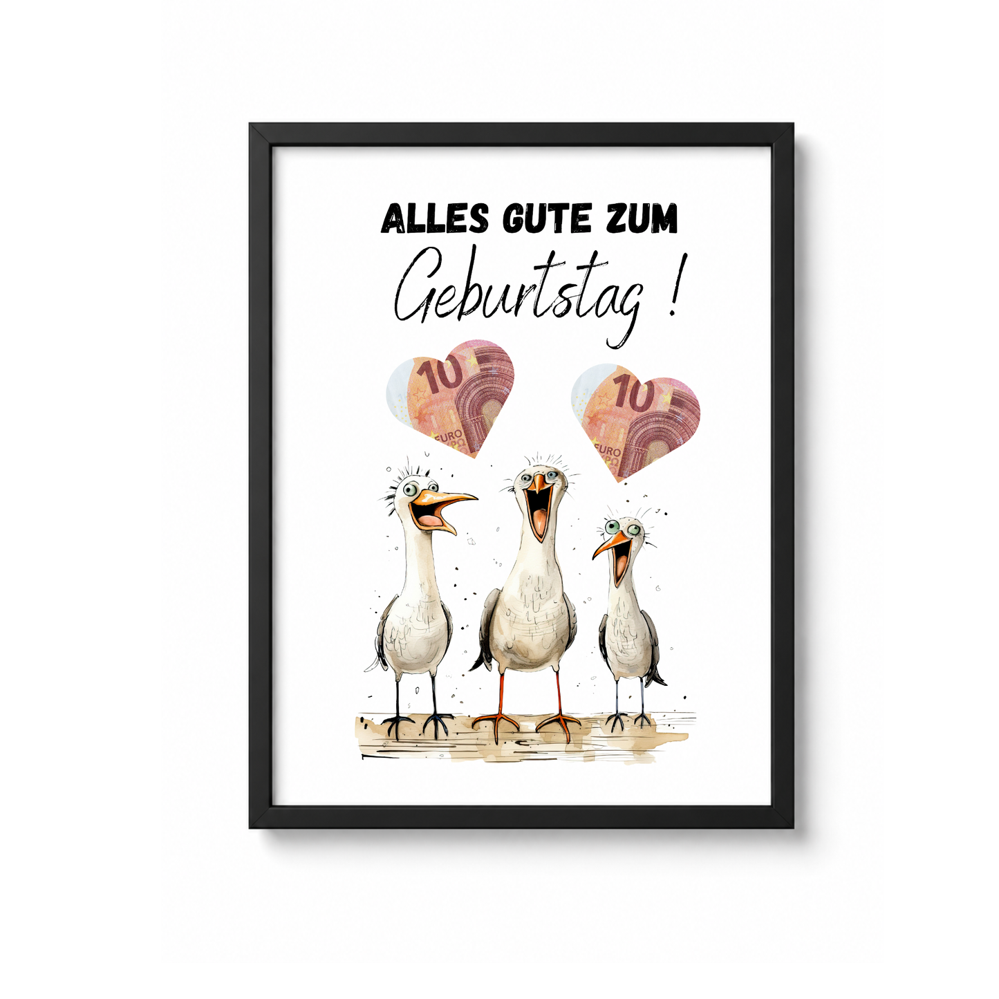 Lustiges Geldgeschenk zum Geburtstag mit drei witzigen Möwen und ausschneidbaren Herzfeldern für Geldscheine als Digital Download im DIN A4 Format zum Ausdrucken