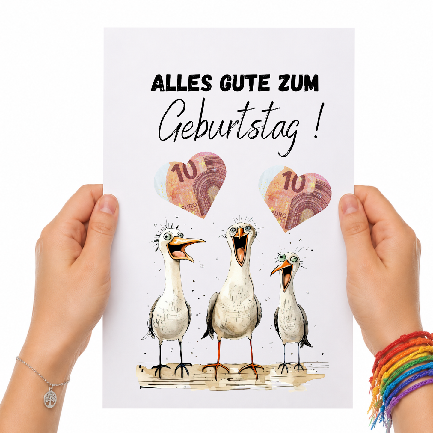 Lustiges Geldgeschenk zum Geburtstag mit drei witzigen Möwen und ausschneidbaren Herzfeldern für Geldscheine als Digital Download im DIN A4 Format zum Ausdrucken