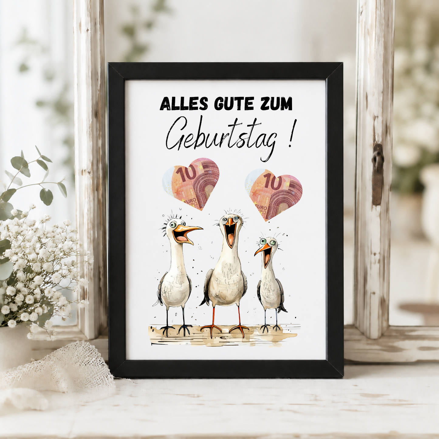 Lustiges Geldgeschenk zum Geburtstag mit drei witzigen Möwen und ausschneidbaren Herzfeldern für Geldscheine als Digital Download im DIN A4 Format zum Ausdrucken