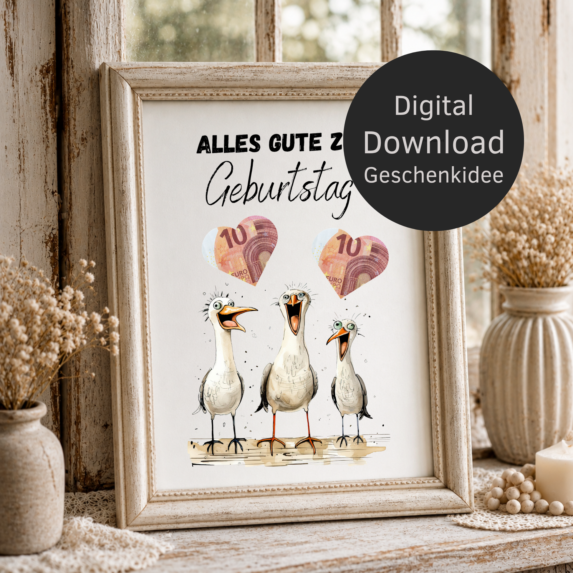 Lustiges Geldgeschenk zum Geburtstag mit drei witzigen Möwen und ausschneidbaren Herzfeldern für Geldscheine als Digital Download im DIN A4 Format zum Ausdrucken