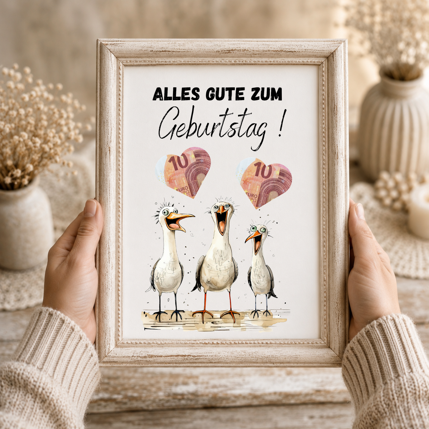 Lustiges Geldgeschenk zum Geburtstag mit drei witzigen Möwen und ausschneidbaren Herzfeldern für Geldscheine als Digital Download im DIN A4 Format zum Ausdrucken