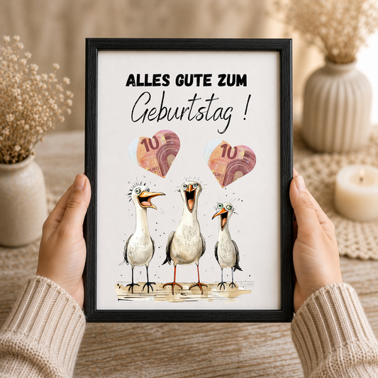 Lustiges Geldgeschenk zum Geburtstag mit drei witzigen Möwen und ausschneidbaren Herzfeldern für Geldscheine als Digital Download im DIN A4 Format zum Ausdrucken