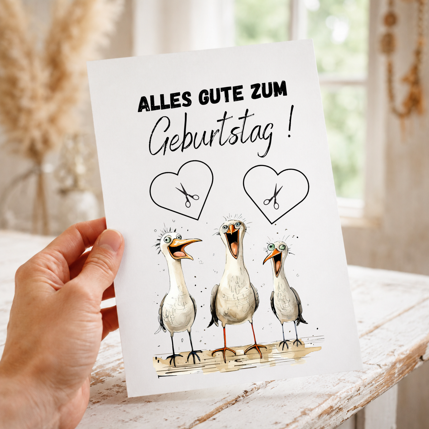 Lustiges Geldgeschenk zum Geburtstag mit drei witzigen Möwen und ausschneidbaren Herzfeldern für Geldscheine als Digital Download im DIN A4 Format zum Ausdrucken
