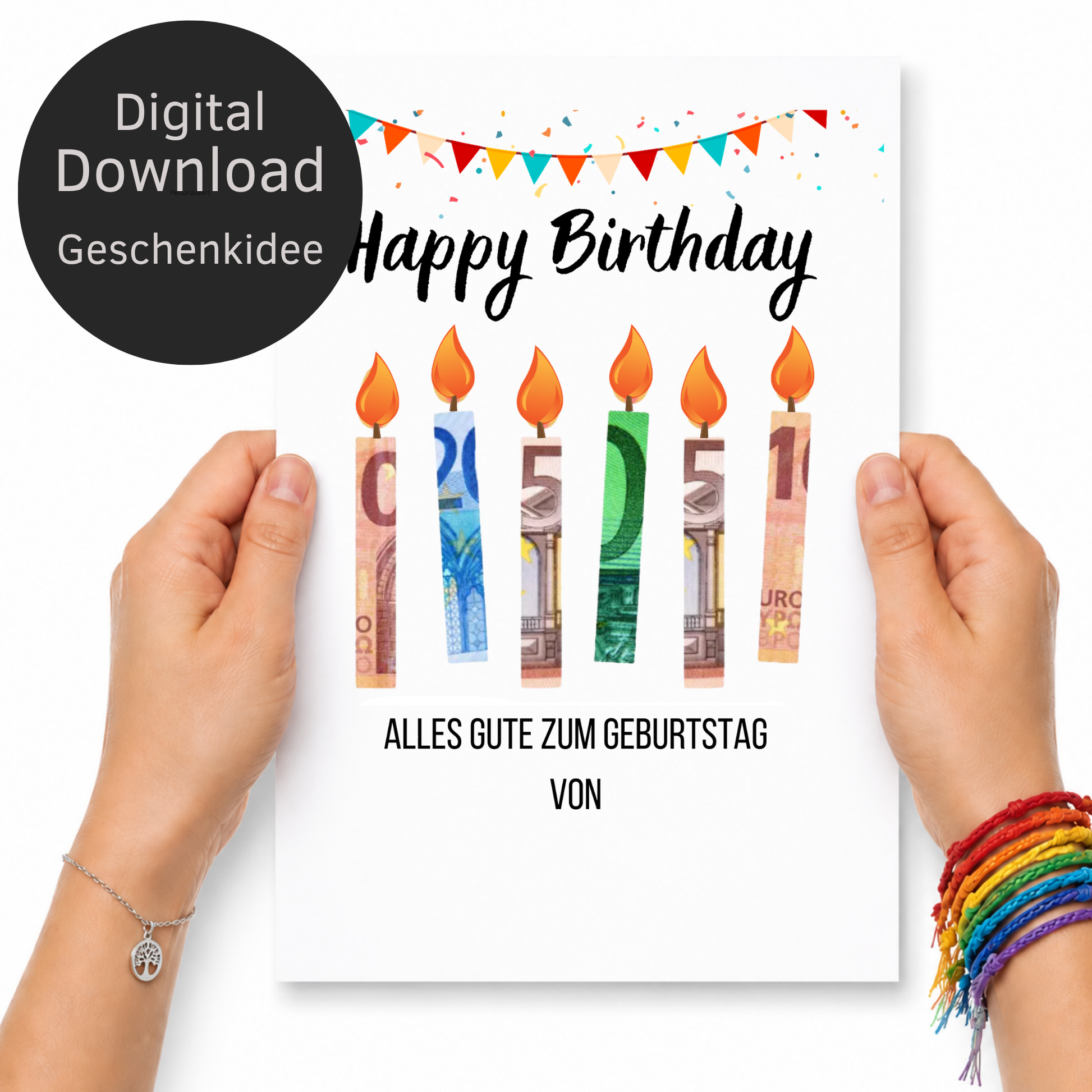 Geldgeschenk Geburtstag Printable mit Happy Birthday Schriftzug, bunten Geburtstagskerzen aus Geldscheinen, Girlande und Konfetti als Digital Download zum Ausdrucken im DIN A4 Format