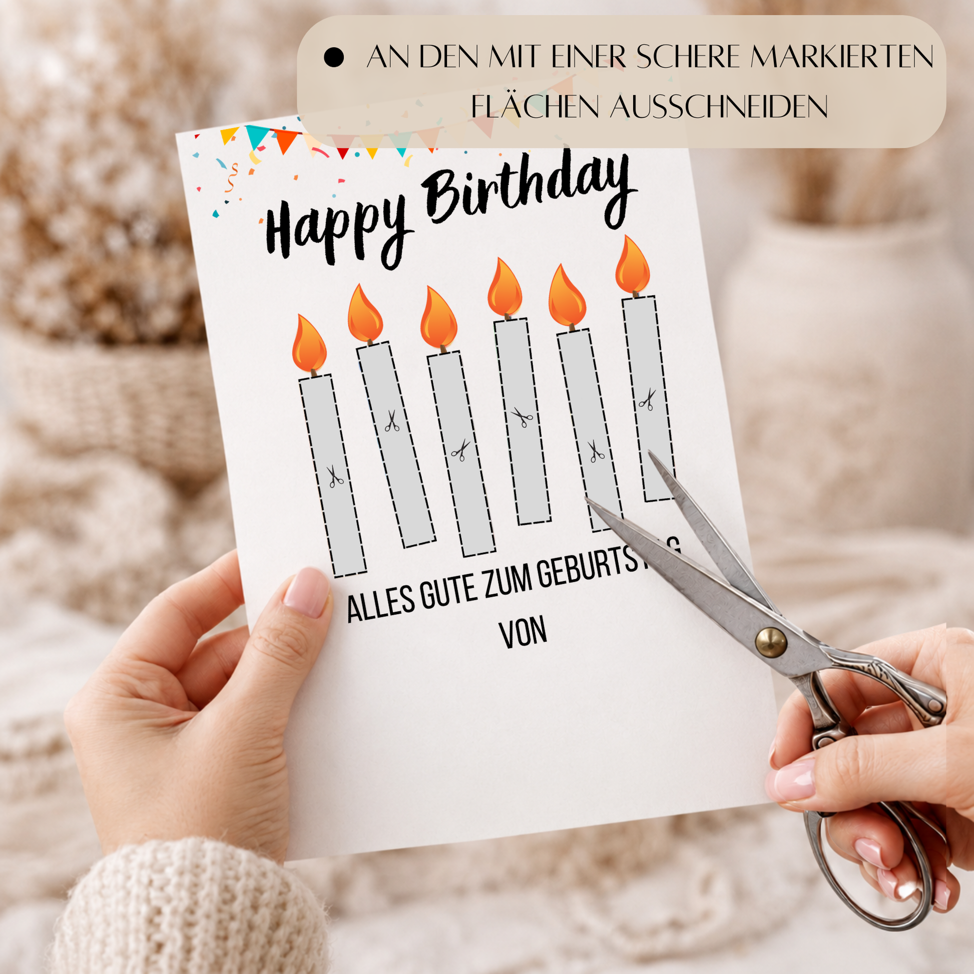 Geldgeschenk Geburtstag Printable mit Happy Birthday Schriftzug, bunten Geburtstagskerzen aus Geldscheinen, Girlande und Konfetti als Digital Download zum Ausdrucken im DIN A4 Format