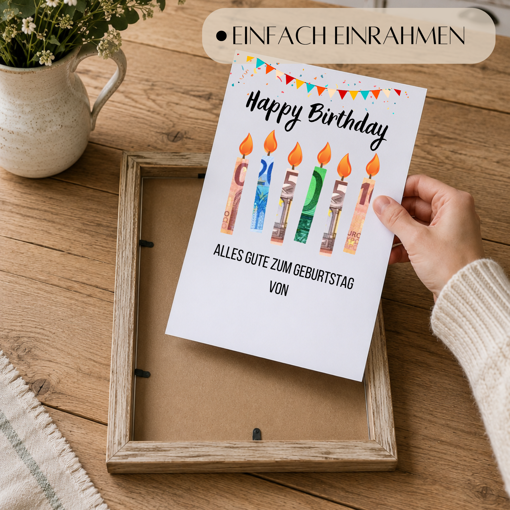Geldgeschenk Geburtstag Printable mit Happy Birthday Schriftzug, bunten Geburtstagskerzen aus Geldscheinen, Girlande und Konfetti als Digital Download zum Ausdrucken im DIN A4 Format