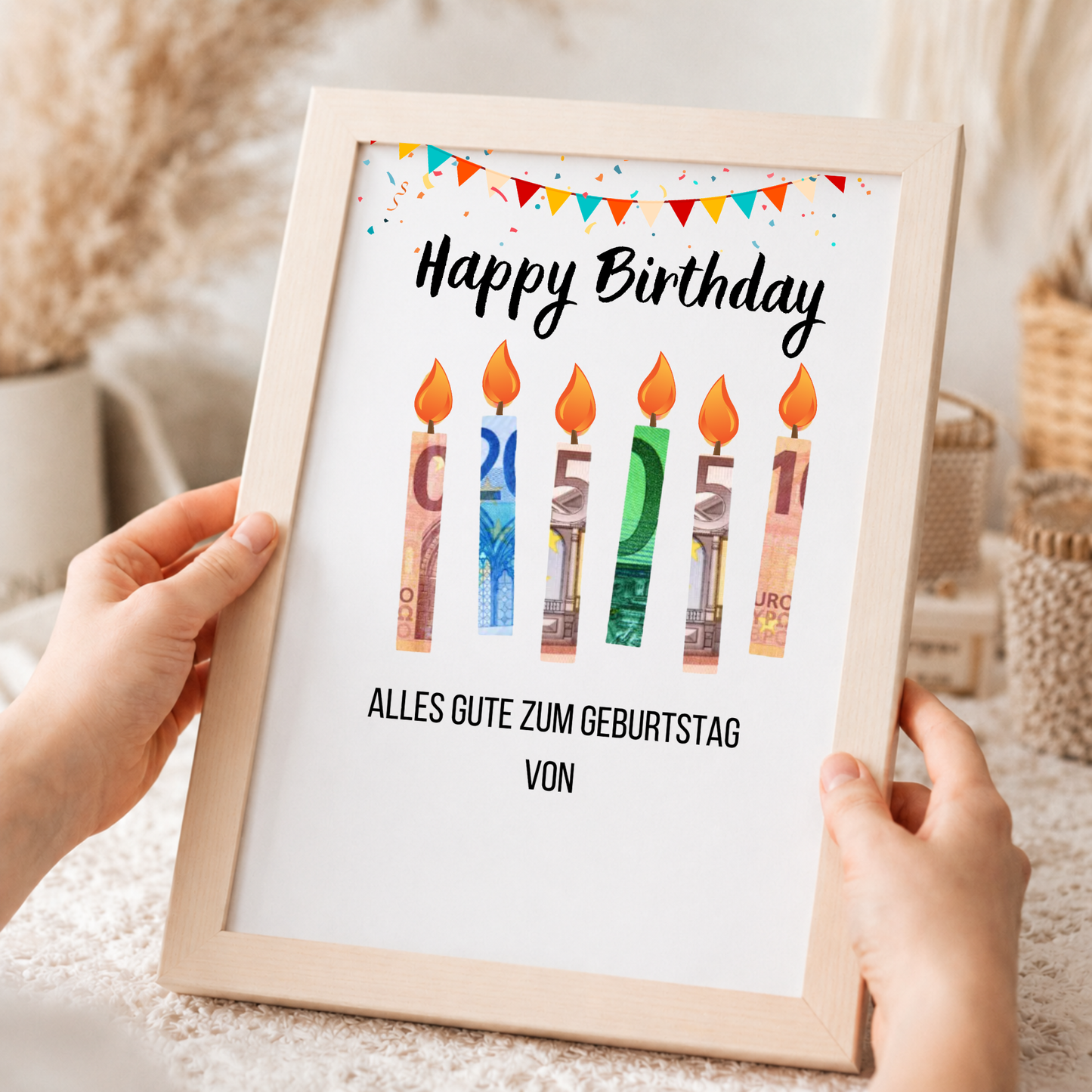 Geldgeschenk Geburtstag Printable mit Happy Birthday Schriftzug, bunten Geburtstagskerzen aus Geldscheinen, Girlande und Konfetti als Digital Download zum Ausdrucken im DIN A4 Format