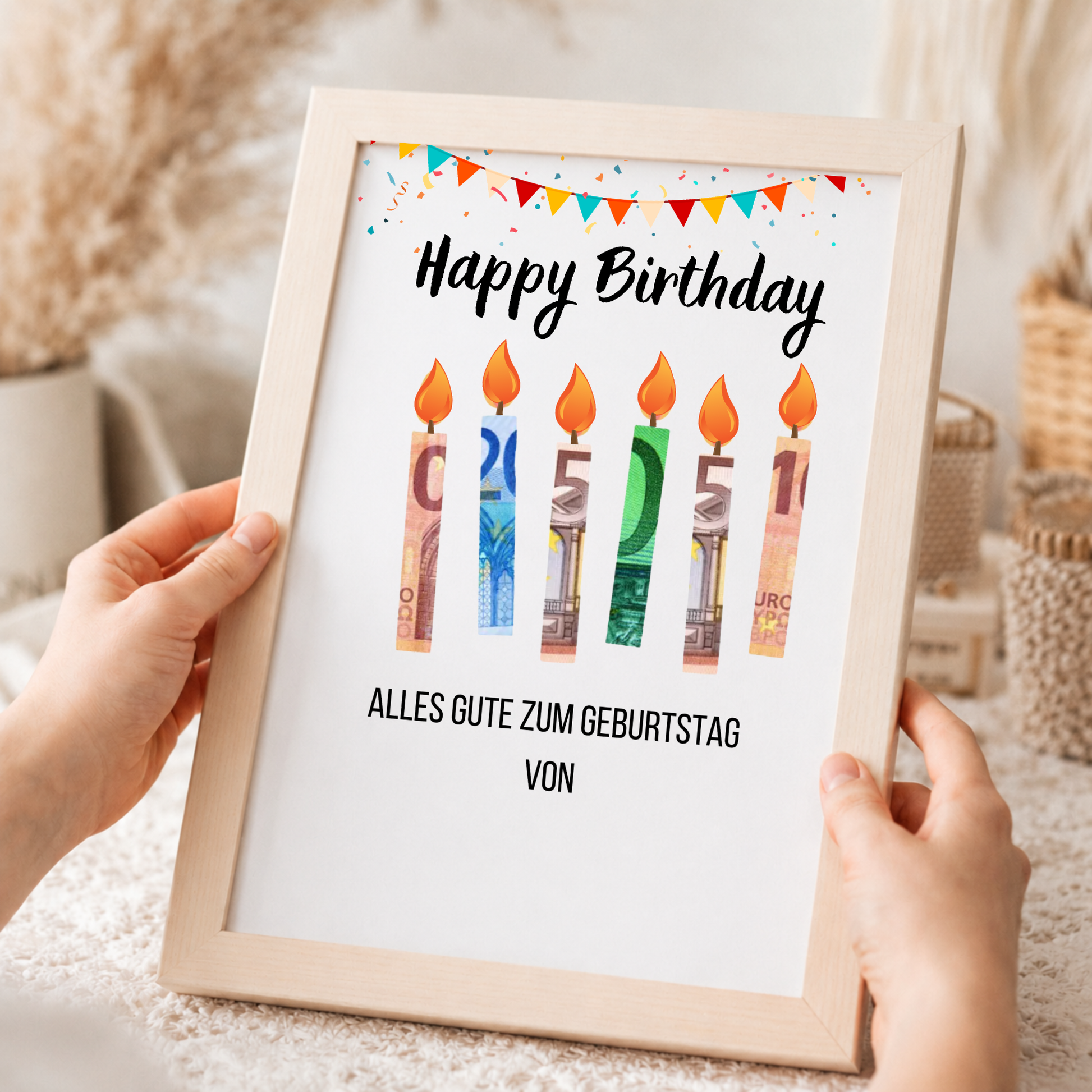 Geldgeschenk Geburtstag Printable mit Happy Birthday Schriftzug, bunten Geburtstagskerzen aus Geldscheinen, Girlande und Konfetti als Digital Download zum Ausdrucken im DIN A4 Format