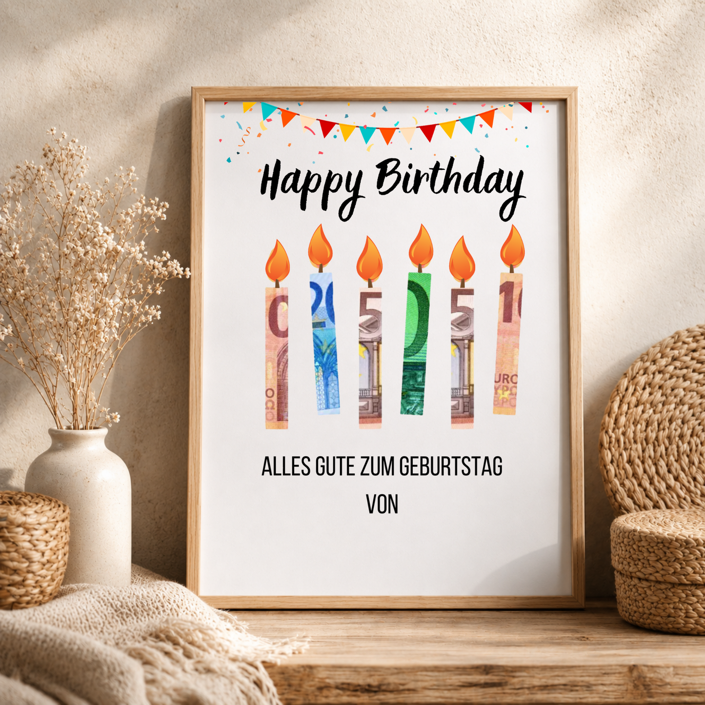 Geldgeschenk Geburtstag Printable mit Happy Birthday Schriftzug, bunten Geburtstagskerzen aus Geldscheinen, Girlande und Konfetti als Digital Download zum Ausdrucken im DIN A4 Format