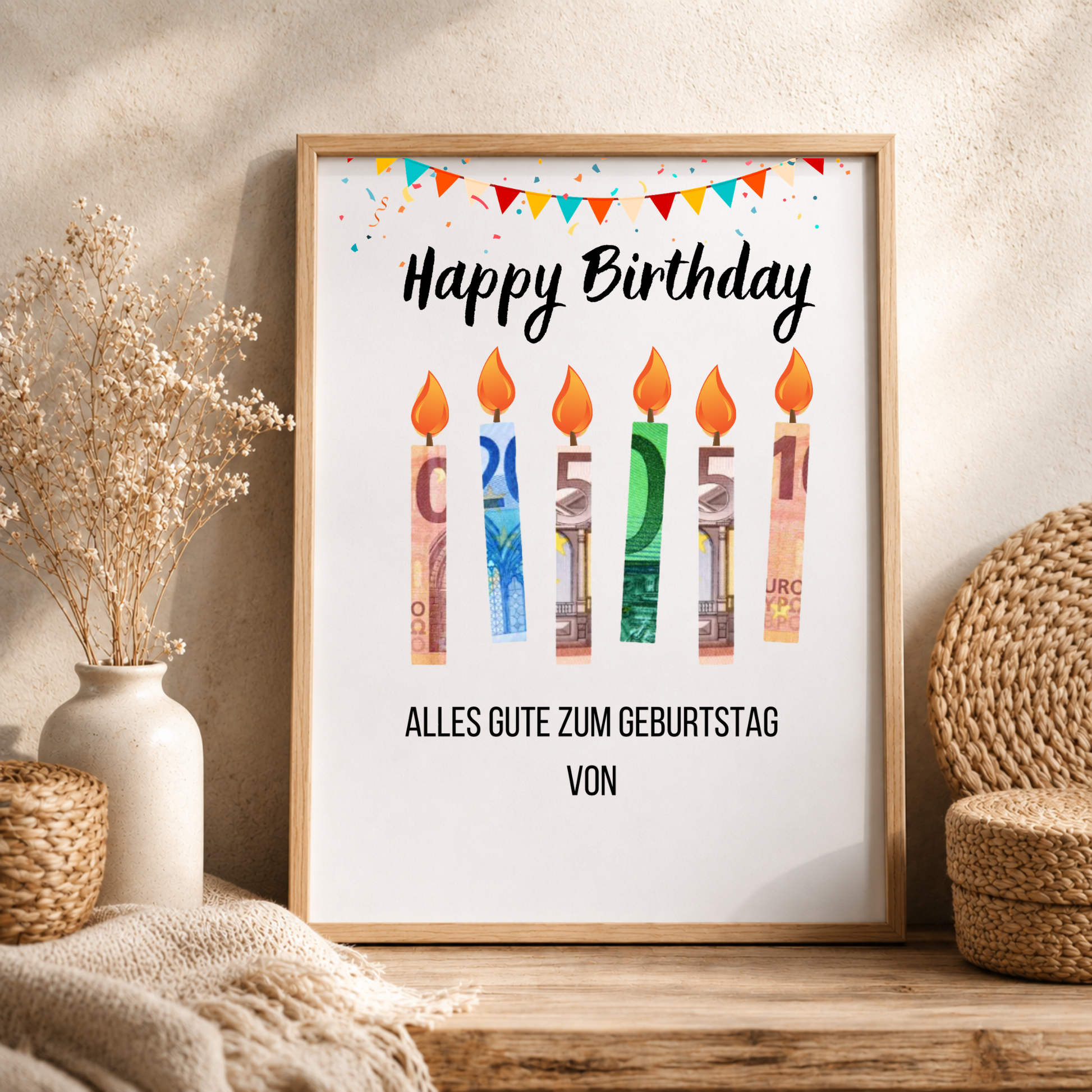 Geldgeschenk Geburtstag Printable mit Happy Birthday Schriftzug, bunten Geburtstagskerzen aus Geldscheinen, Girlande und Konfetti als Digital Download zum Ausdrucken im DIN A4 Format