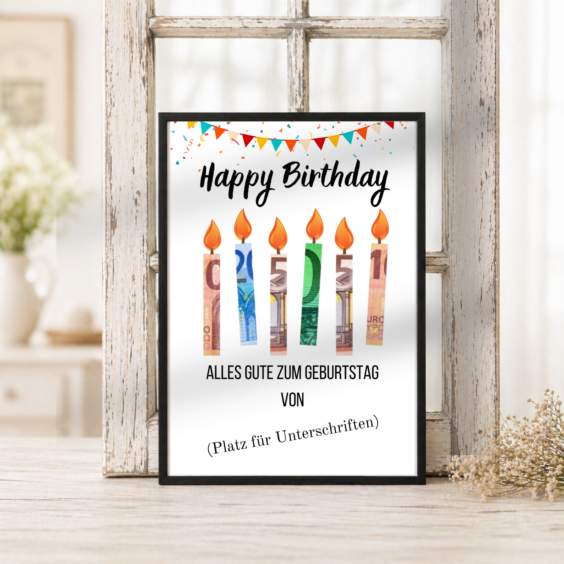 Geldgeschenk Geburtstag Printable mit Happy Birthday Schriftzug, bunten Geburtstagskerzen aus Geldscheinen, Girlande und Konfetti als Digital Download zum Ausdrucken im DIN A4 Format