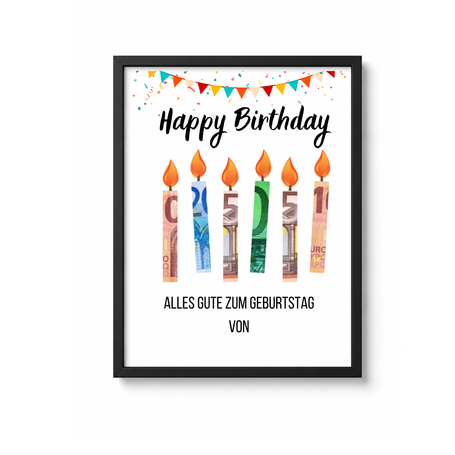Geldgeschenk Geburtstag Printable mit Happy Birthday Schriftzug, bunten Geburtstagskerzen aus Geldscheinen, Girlande und Konfetti als Digital Download zum Ausdrucken im DIN A4 Format