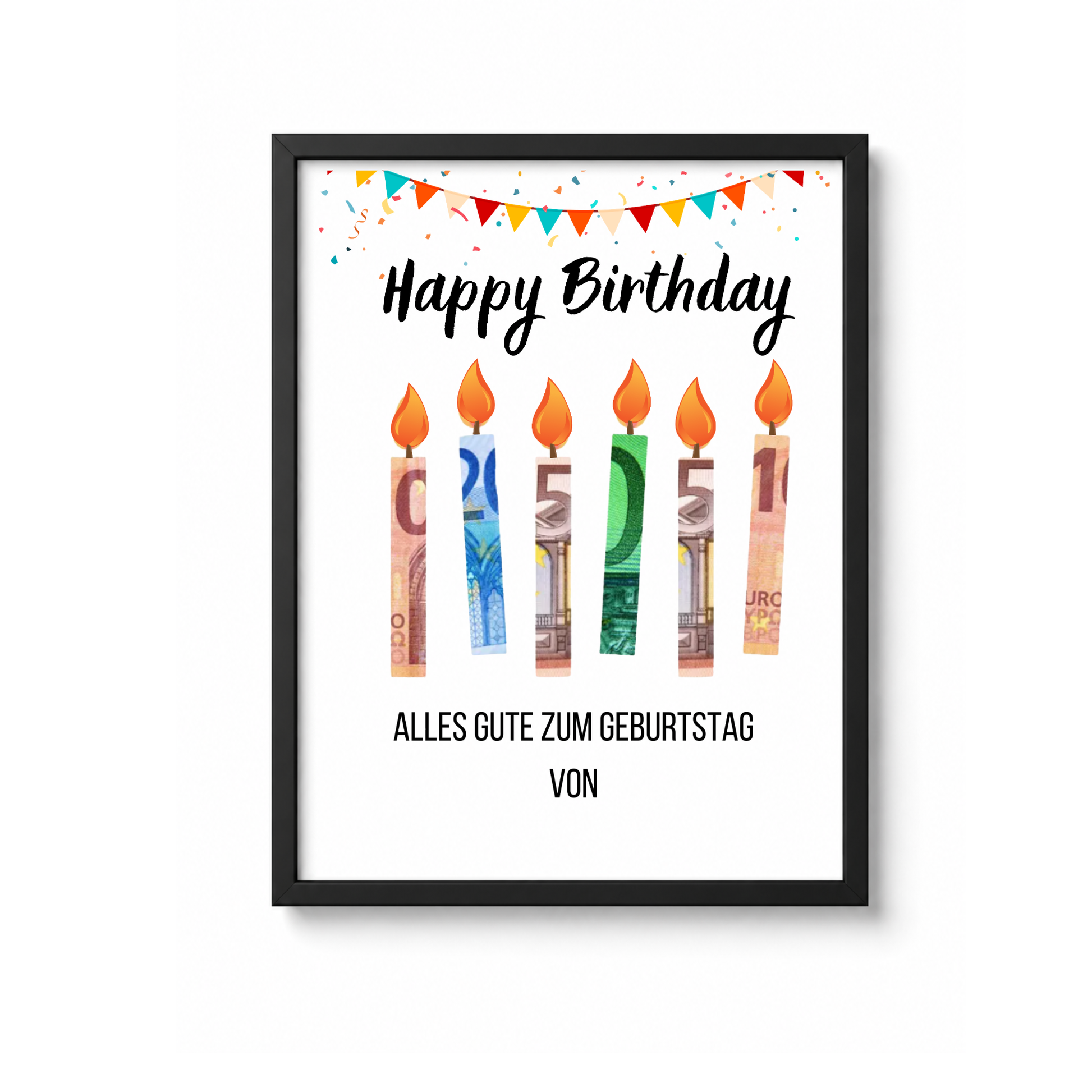 Geldgeschenk Geburtstag Printable mit Happy Birthday Schriftzug, bunten Geburtstagskerzen aus Geldscheinen, Girlande und Konfetti als Digital Download zum Ausdrucken im DIN A4 Format