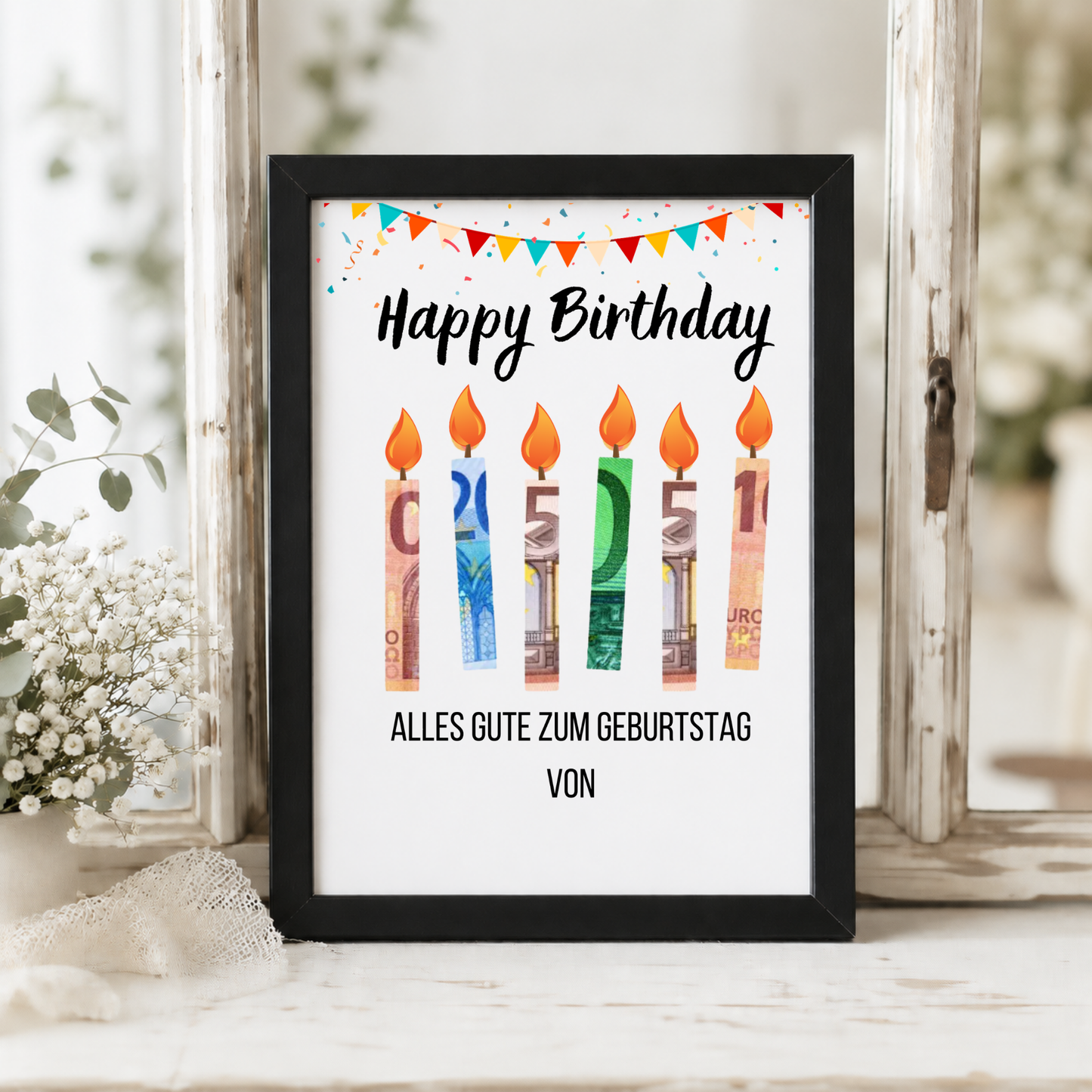 Geldgeschenk Geburtstag Printable mit Happy Birthday Schriftzug, bunten Geburtstagskerzen aus Geldscheinen, Girlande und Konfetti als Digital Download zum Ausdrucken im DIN A4 Format