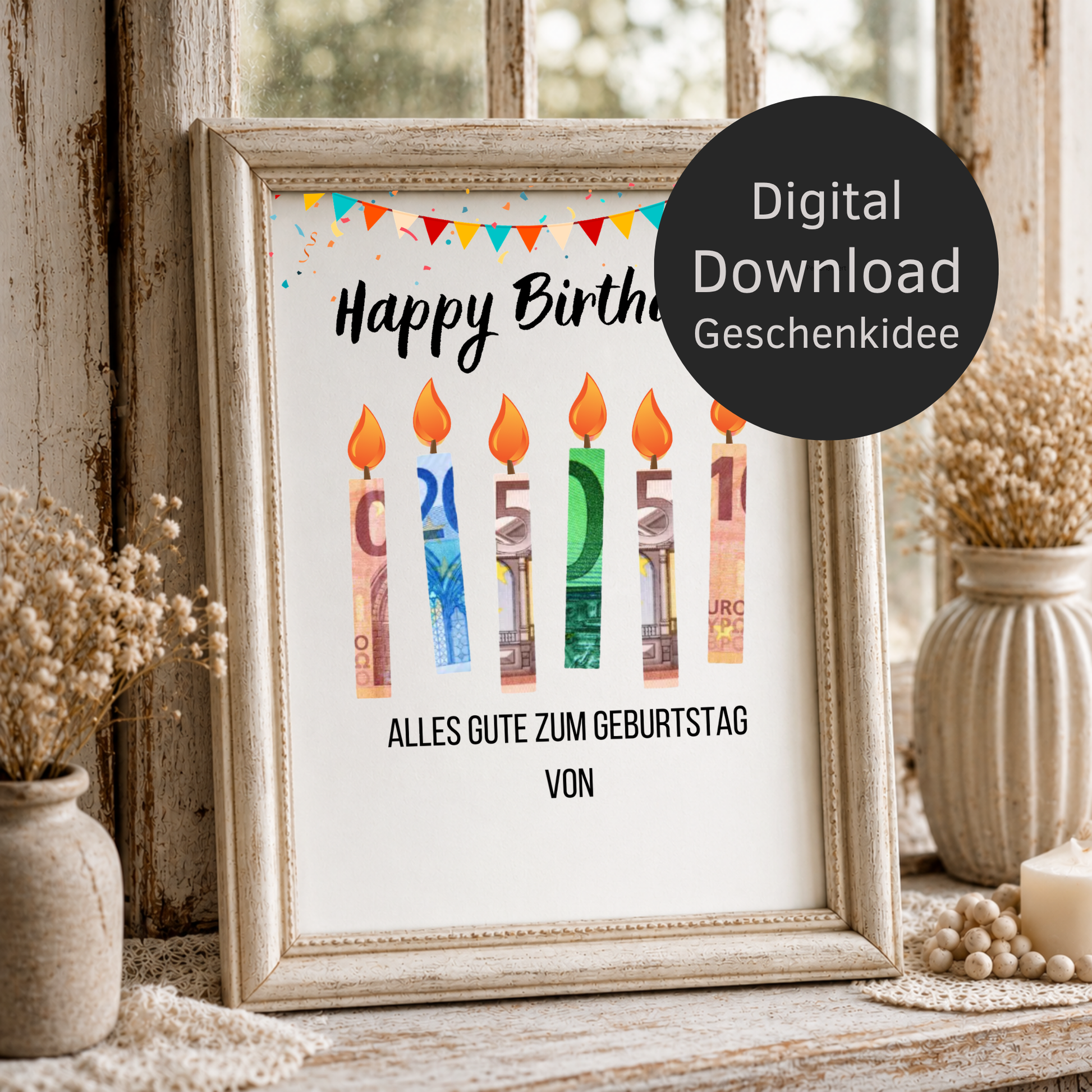 Geldgeschenk Geburtstag Printable mit Happy Birthday Schriftzug, bunten Geburtstagskerzen aus Geldscheinen, Girlande und Konfetti als Digital Download zum Ausdrucken im DIN A4 Format