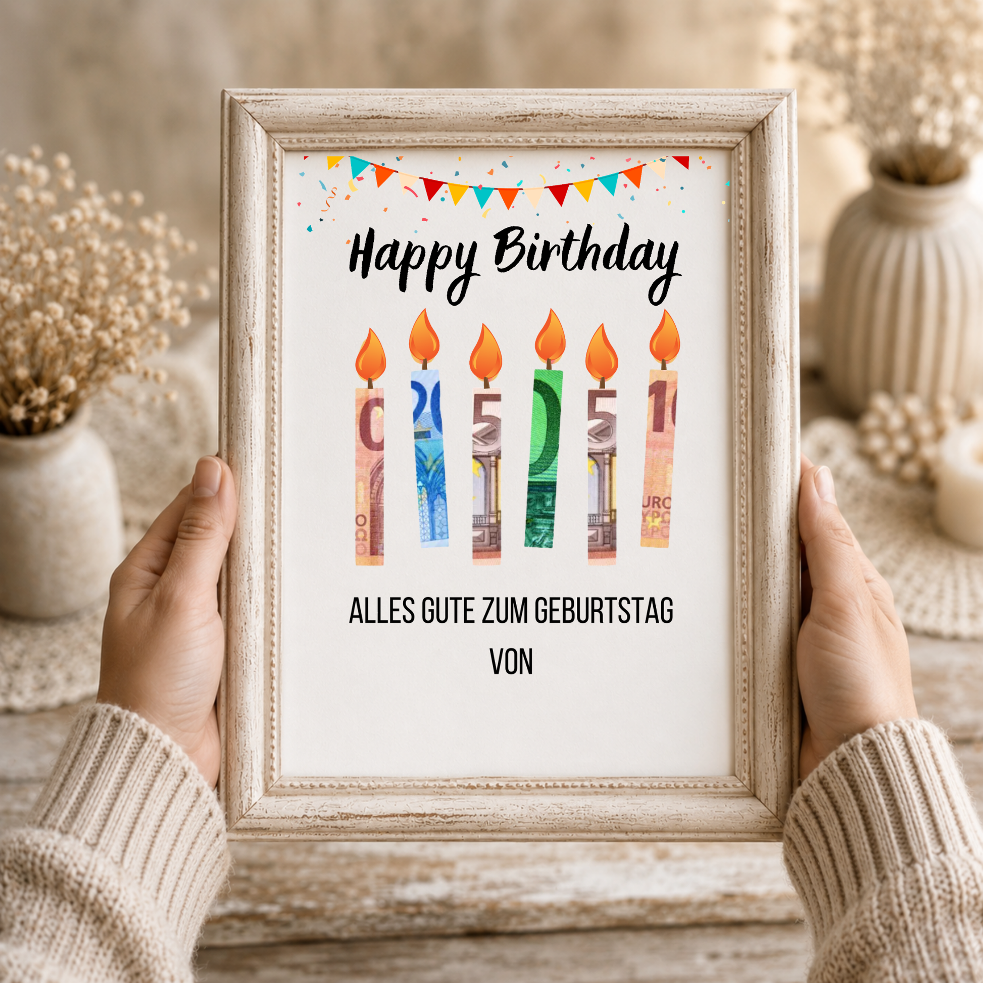 Geldgeschenk Geburtstag Printable mit Happy Birthday Schriftzug, bunten Geburtstagskerzen aus Geldscheinen, Girlande und Konfetti als Digital Download zum Ausdrucken im DIN A4 Format