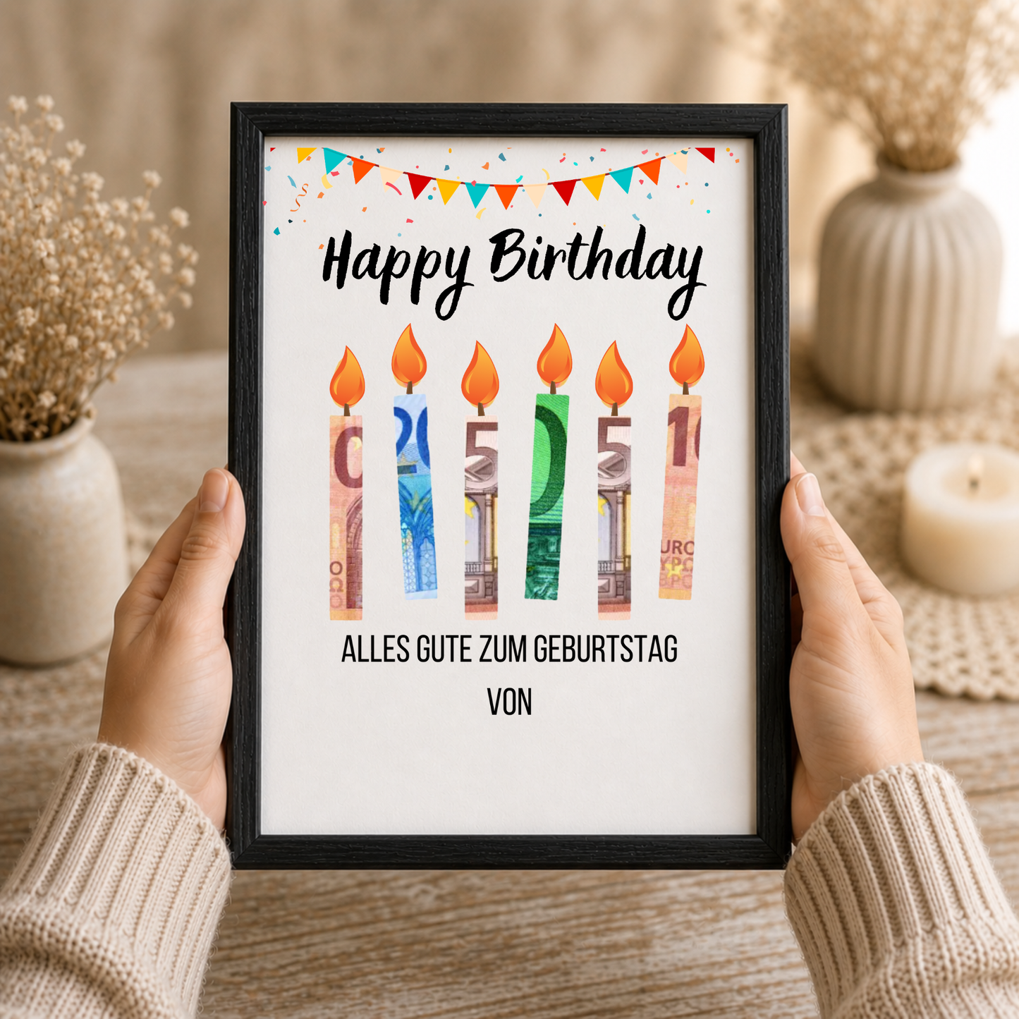 Geldgeschenk Geburtstag Printable mit Happy Birthday Schriftzug, bunten Geburtstagskerzen aus Geldscheinen, Girlande und Konfetti als Digital Download zum Ausdrucken im DIN A4 Format
