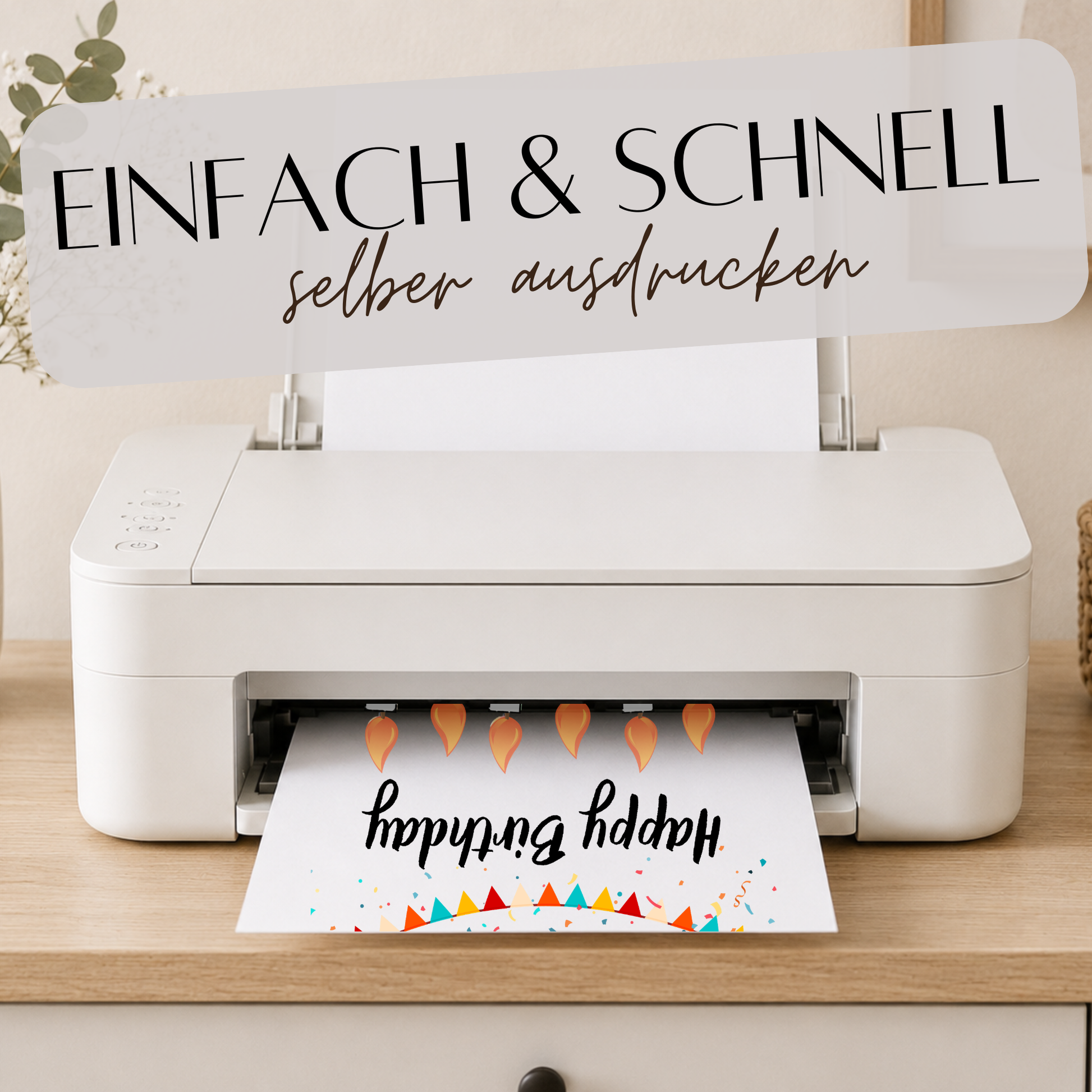 Geldgeschenk Geburtstag Printable mit Happy Birthday Schriftzug, bunten Geburtstagskerzen aus Geldscheinen, Girlande und Konfetti als Digital Download zum Ausdrucken im DIN A4 Format