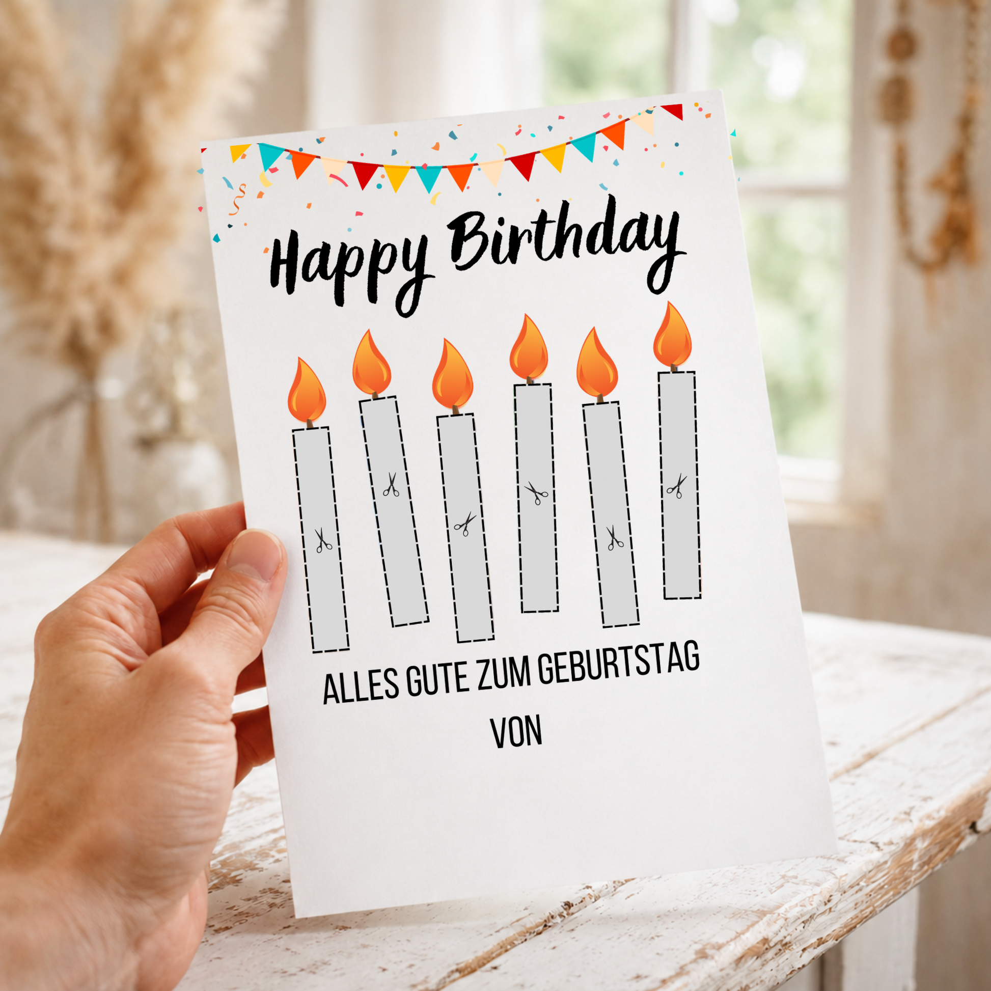 Geldgeschenk Geburtstag Printable mit Happy Birthday Schriftzug, bunten Geburtstagskerzen aus Geldscheinen, Girlande und Konfetti als Digital Download zum Ausdrucken im DIN A4 Format