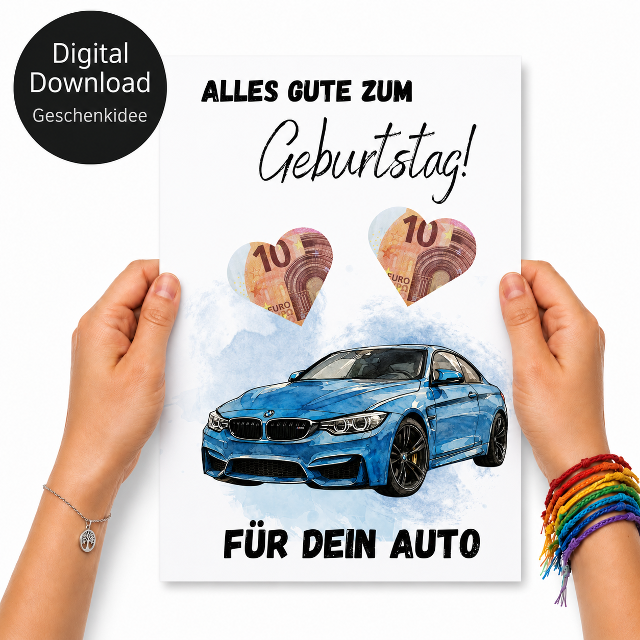 Geldgeschenk Geburtstag Auto Printable mit blauem Sportwagen im Aquarellstil, Herzfeldern für Geldscheine und Schriftzug Alles Gute zum Geburtstag, Digital Download DIN A4