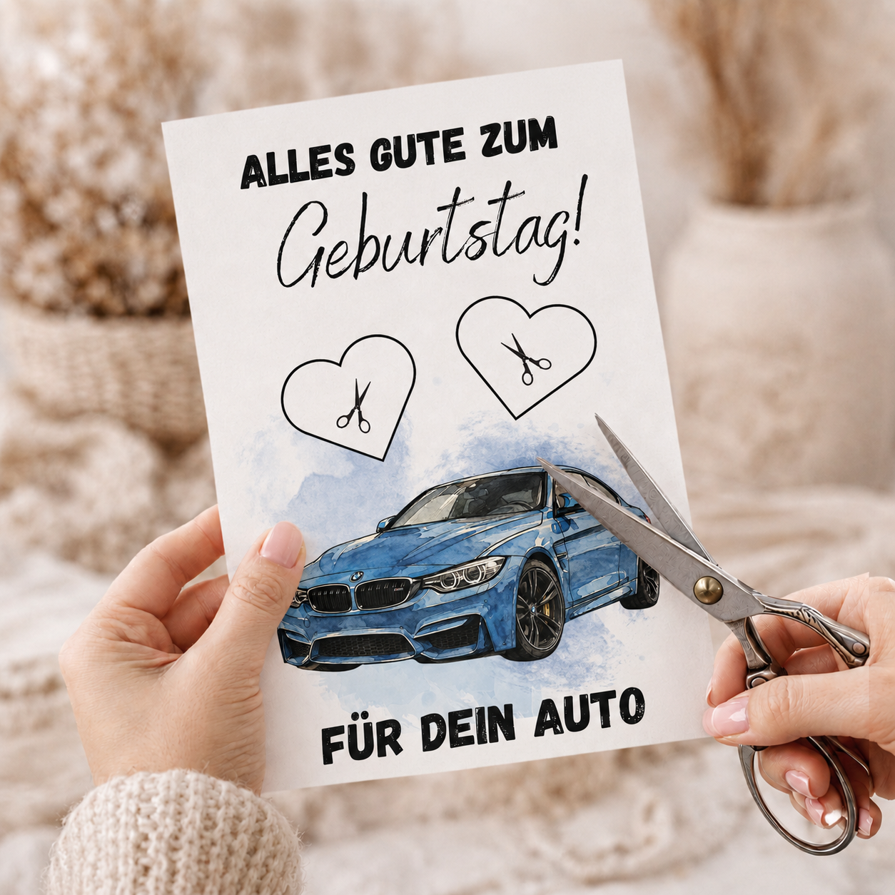 Geldgeschenk Geburtstag Auto Printable mit blauem Sportwagen im Aquarellstil, Herzfeldern für Geldscheine und Schriftzug Alles Gute zum Geburtstag, Digital Download DIN A4