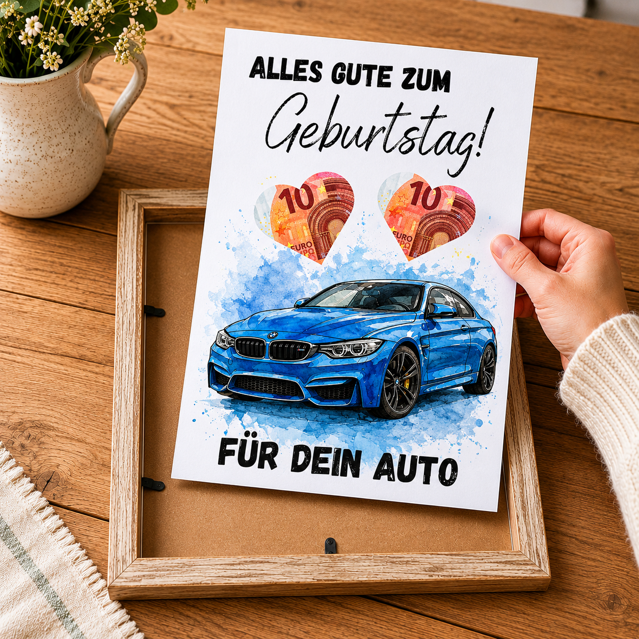 Geldgeschenk Geburtstag Auto Printable mit blauem Sportwagen im Aquarellstil, Herzfeldern für Geldscheine und Schriftzug Alles Gute zum Geburtstag, Digital Download DIN A4