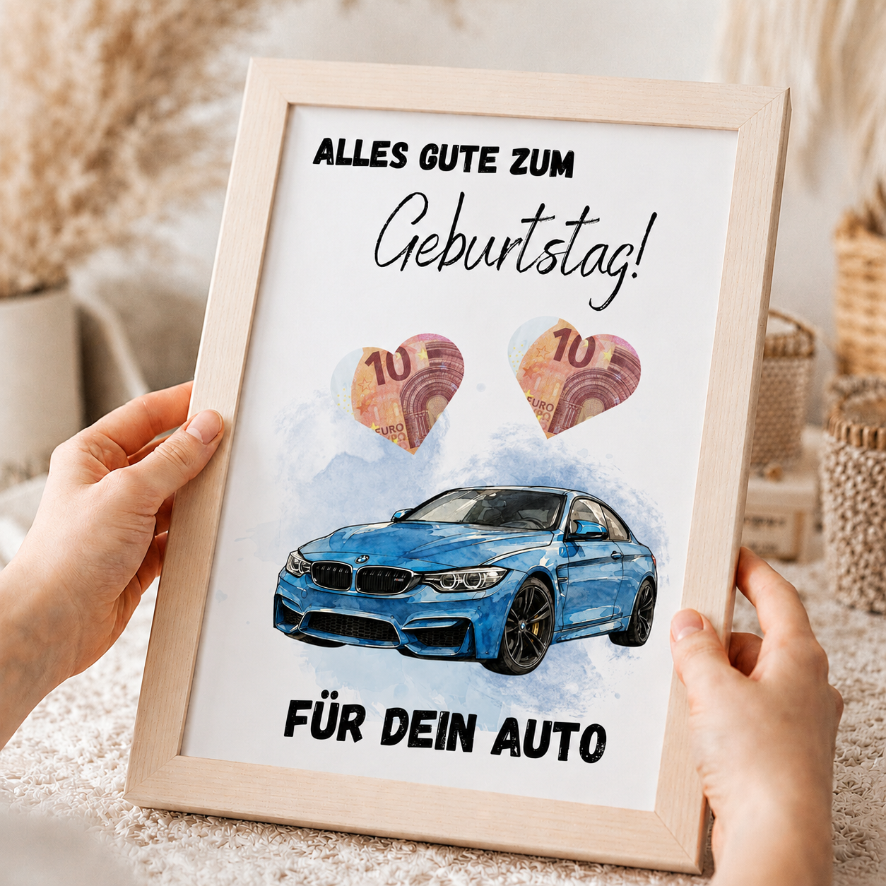 Geldgeschenk Geburtstag Auto Printable mit blauem Sportwagen im Aquarellstil, Herzfeldern für Geldscheine und Schriftzug Alles Gute zum Geburtstag, Digital Download DIN A4
