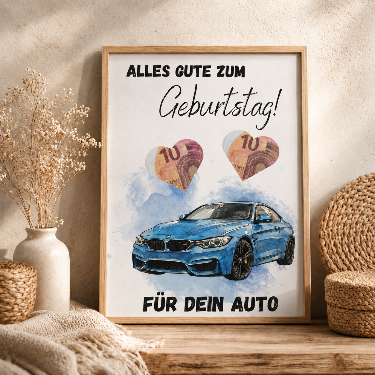 Geldgeschenk Geburtstag Auto Printable mit blauem Sportwagen im Aquarellstil, Herzfeldern für Geldscheine und Schriftzug Alles Gute zum Geburtstag, Digital Download DIN A4