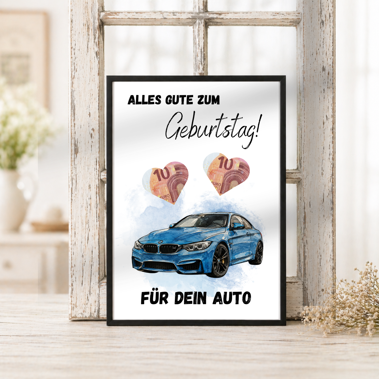 Geldgeschenk Geburtstag Auto Printable mit blauem Sportwagen im Aquarellstil, Herzfeldern für Geldscheine und Schriftzug Alles Gute zum Geburtstag, Digital Download DIN A4