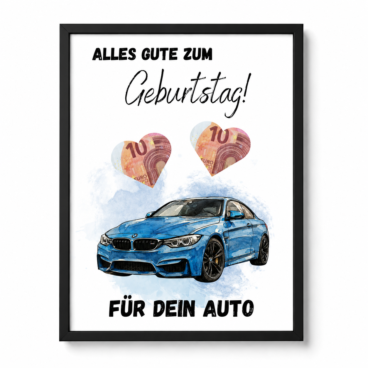 Geldgeschenk Geburtstag Auto Printable mit blauem Sportwagen im Aquarellstil, Herzfeldern für Geldscheine und Schriftzug Alles Gute zum Geburtstag, Digital Download DIN A4