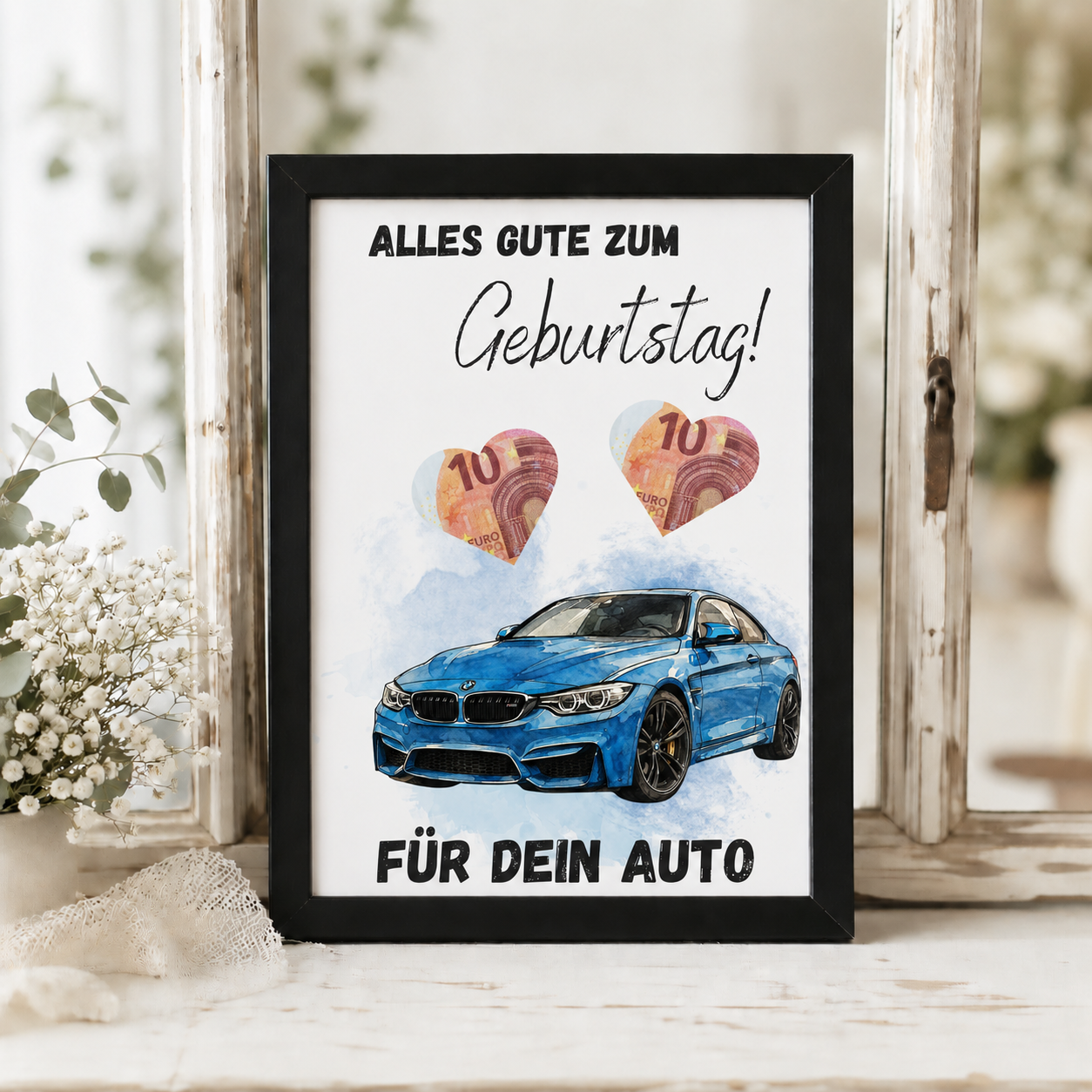Geldgeschenk Geburtstag Auto Printable mit blauem Sportwagen im Aquarellstil, Herzfeldern für Geldscheine und Schriftzug Alles Gute zum Geburtstag, Digital Download DIN A4