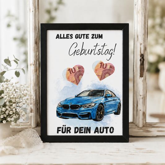 Geldgeschenk Geburtstag Auto Printable mit blauem Sportwagen im Aquarellstil, Herzfeldern für Geldscheine und Schriftzug Alles Gute zum Geburtstag, Digital Download DIN A4
