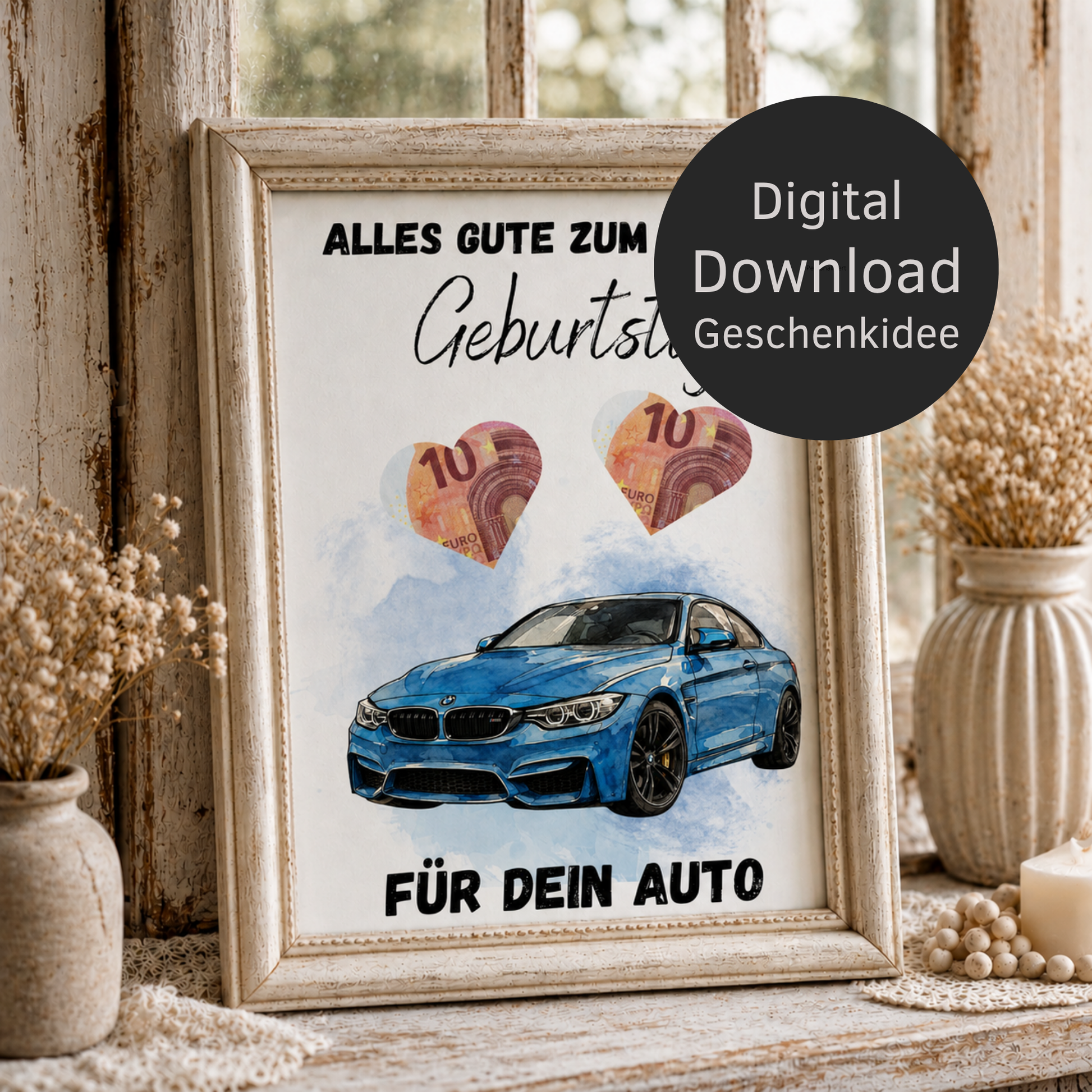 Geldgeschenk Geburtstag Auto Printable mit blauem Sportwagen im Aquarellstil, Herzfeldern für Geldscheine und Schriftzug Alles Gute zum Geburtstag, Digital Download DIN A4