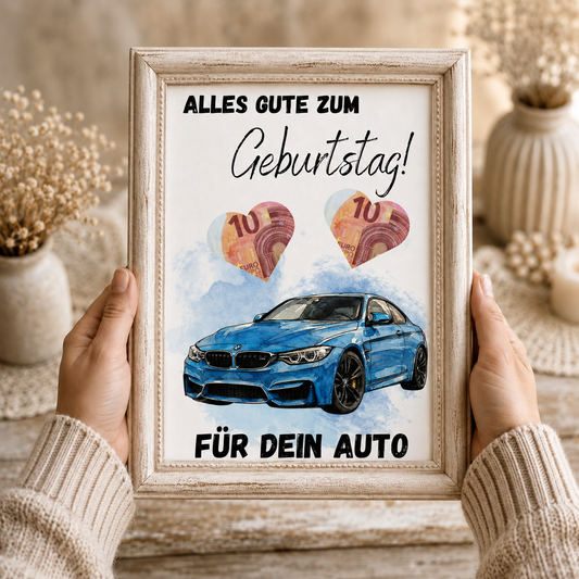 Geldgeschenk Geburtstag Auto Printable mit blauem Sportwagen im Aquarellstil, Herzfeldern für Geldscheine und Schriftzug Alles Gute zum Geburtstag, Digital Download DIN A4