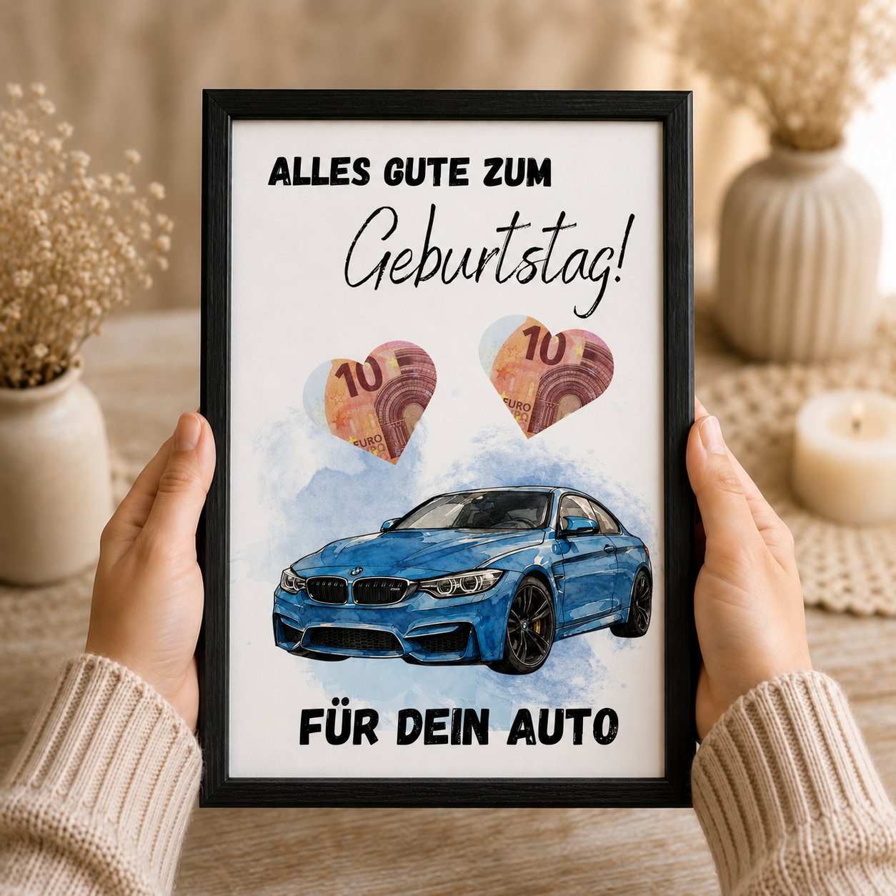Geldgeschenk Geburtstag Auto Printable mit blauem Sportwagen im Aquarellstil, Herzfeldern für Geldscheine und Schriftzug Alles Gute zum Geburtstag, Digital Download DIN A4