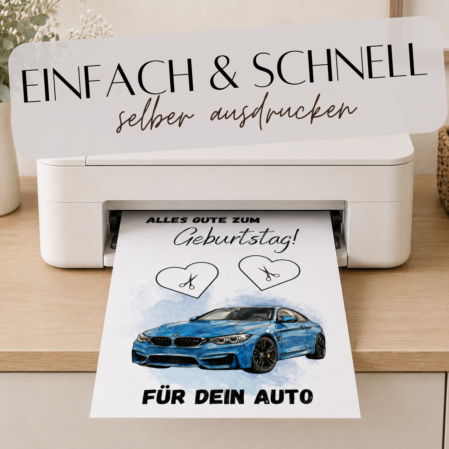Geldgeschenk Geburtstag Auto Printable mit blauem Sportwagen im Aquarellstil, Herzfeldern für Geldscheine und Schriftzug Alles Gute zum Geburtstag, Digital Download DIN A4